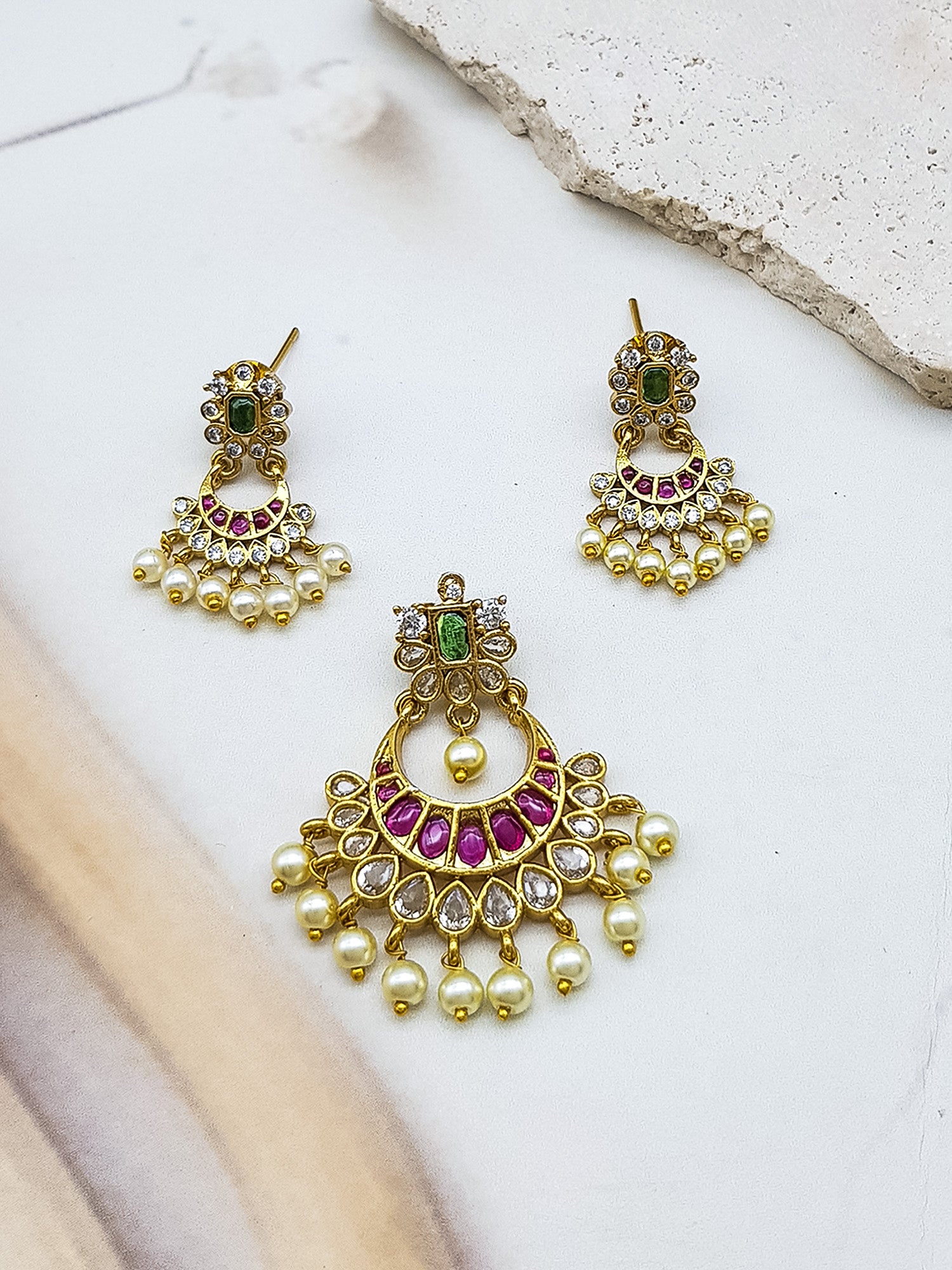 Gold plated Premium CZ Pendant Set with pearls