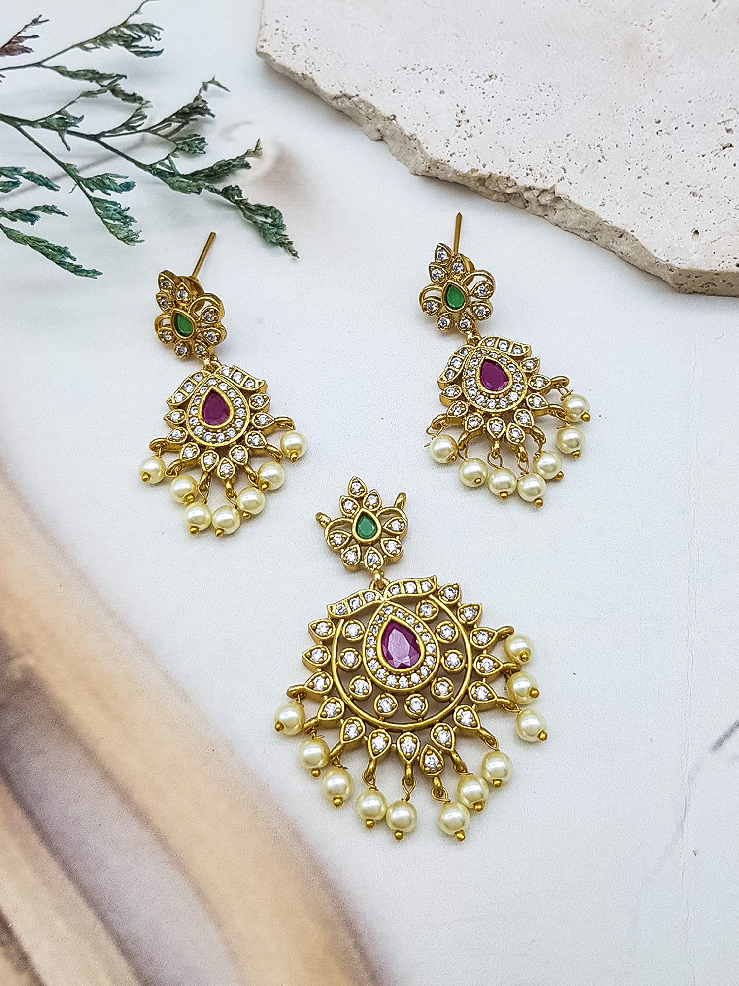 Gold plated Premium CZ Pendant Set with pearls