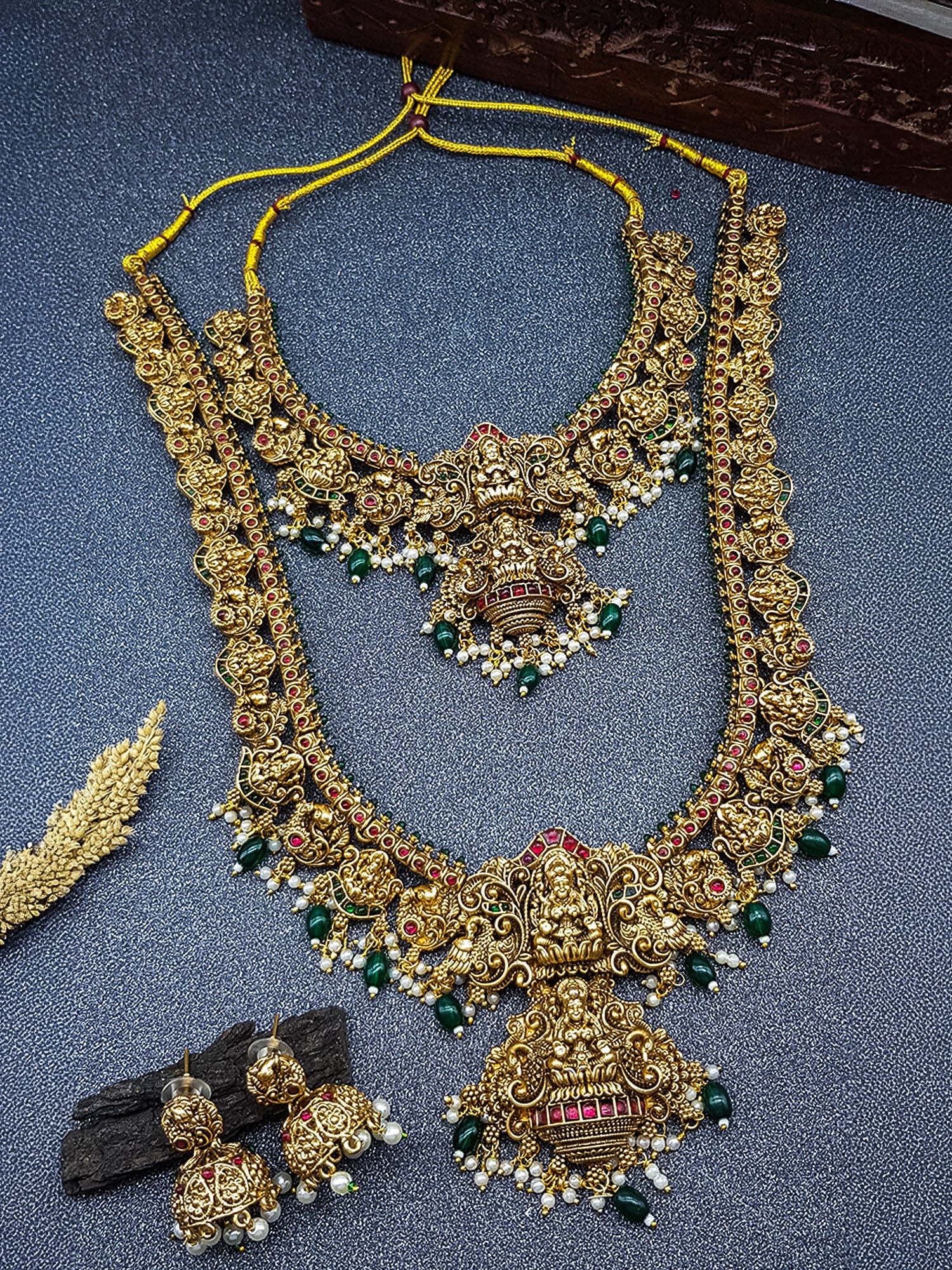 Premium Gold Finish Temple Grand Lakshmi Combo Necklace Set