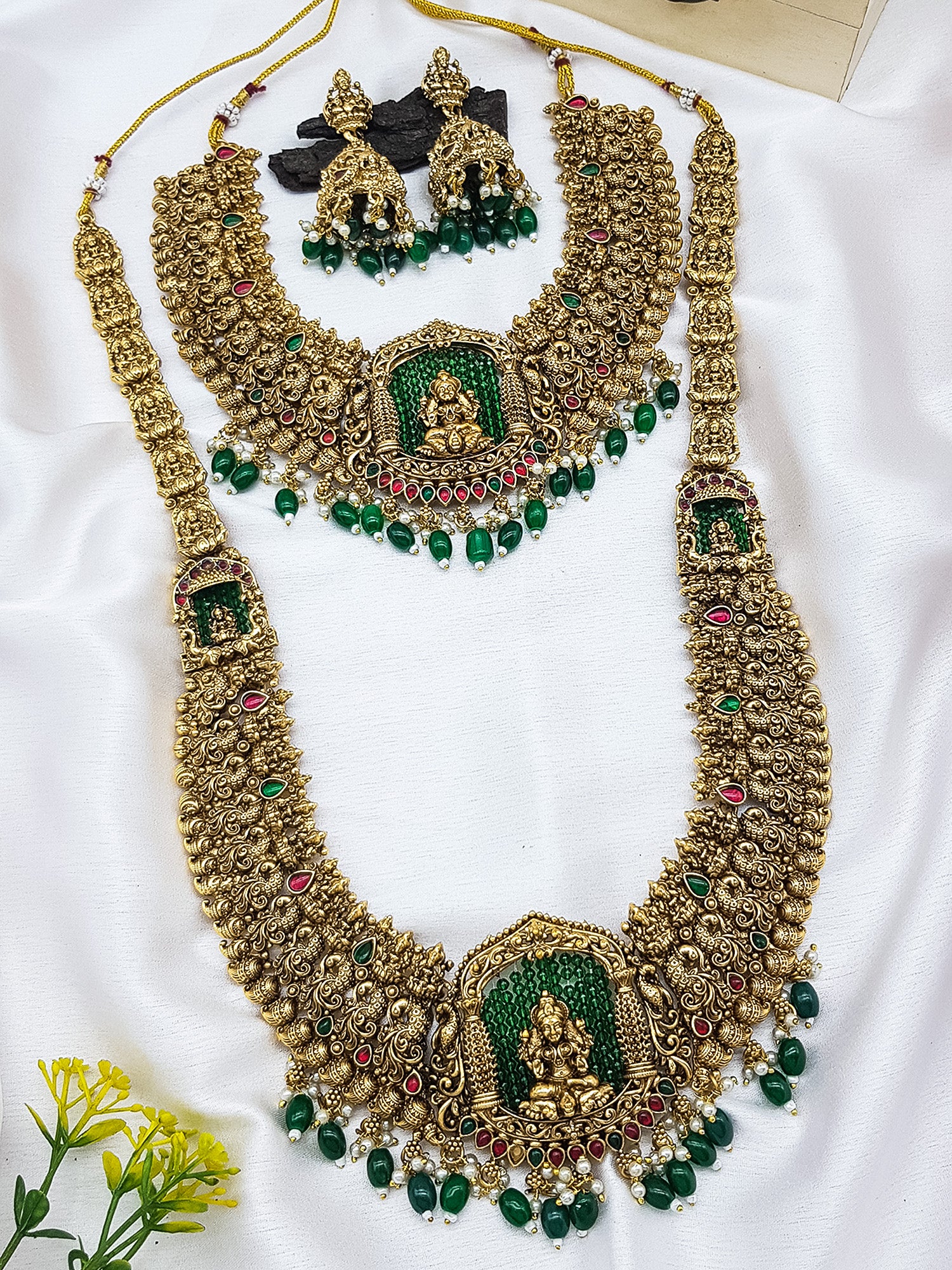 Premium Gold Finish Temple Lakshmi Combo Necklace Set