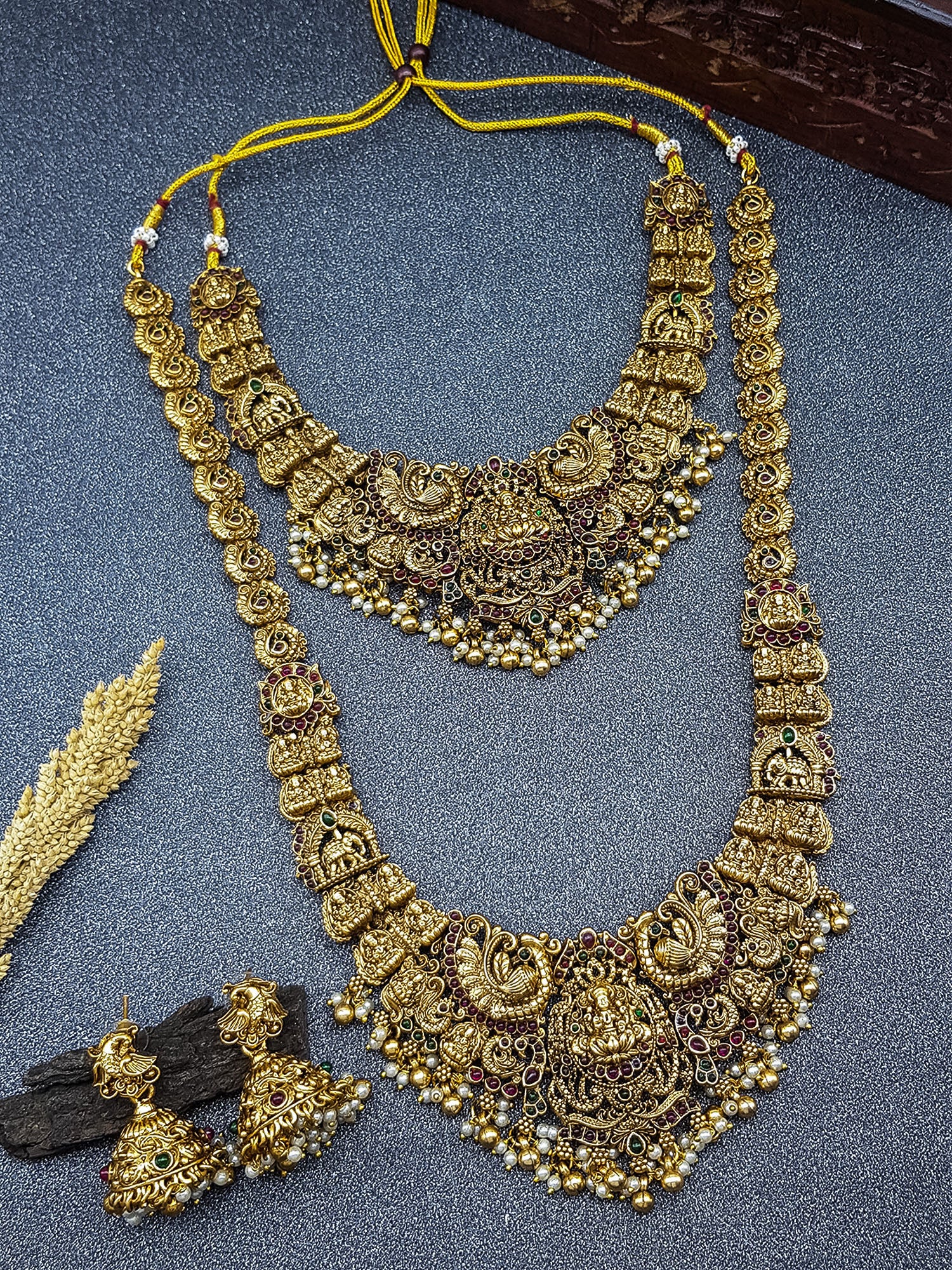 Premium Gold Finish Temple Lakshmi Combo Necklace Set