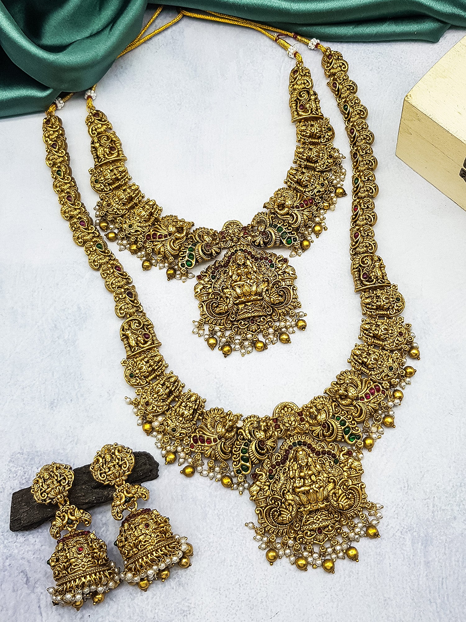 Premium Gold Finish Temple Lakshmi Combo Necklace Set