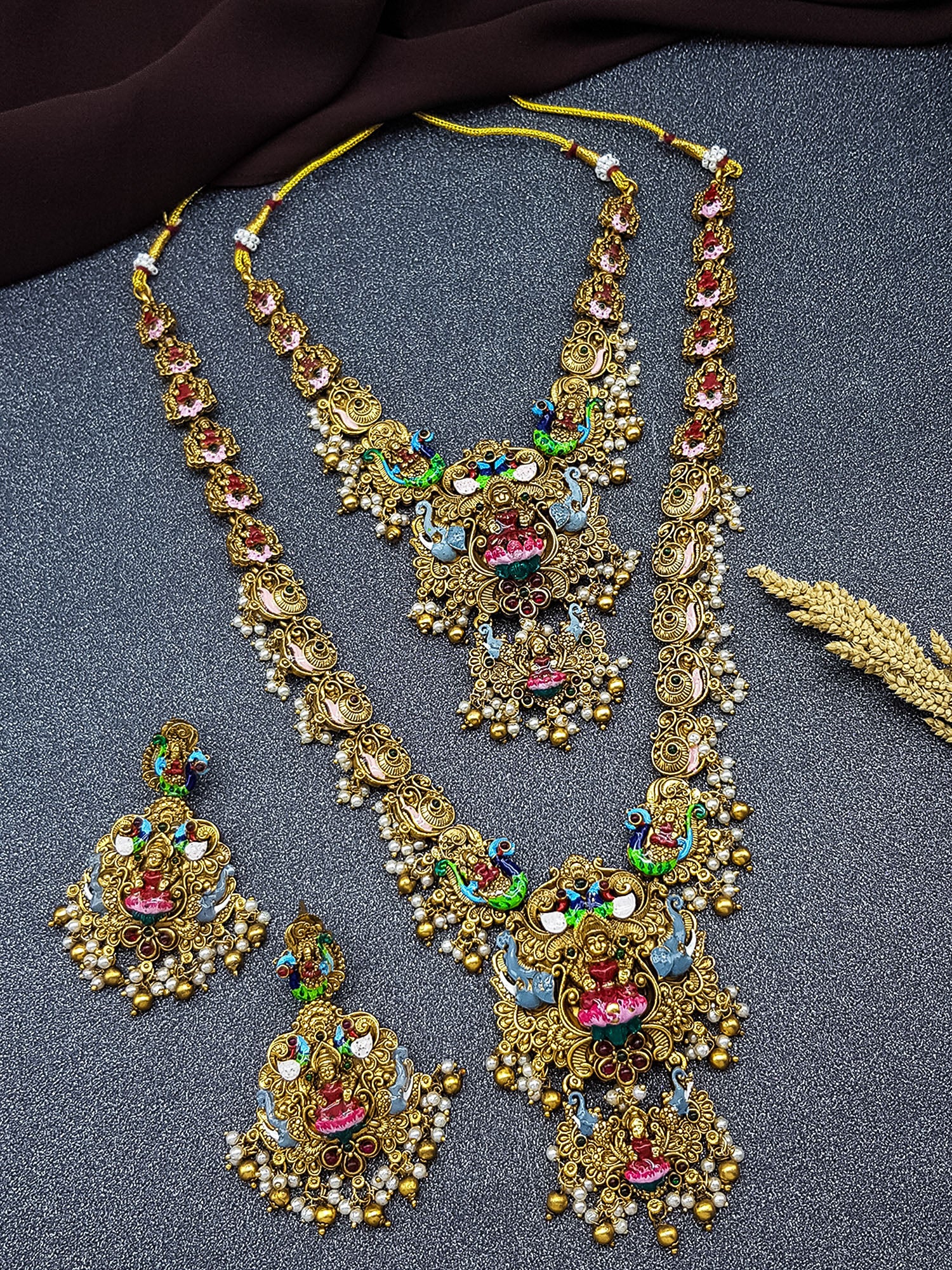 Premium Gold Finish Temple plus premium meenakari/enamelling Lakshmi Combo Necklace Set