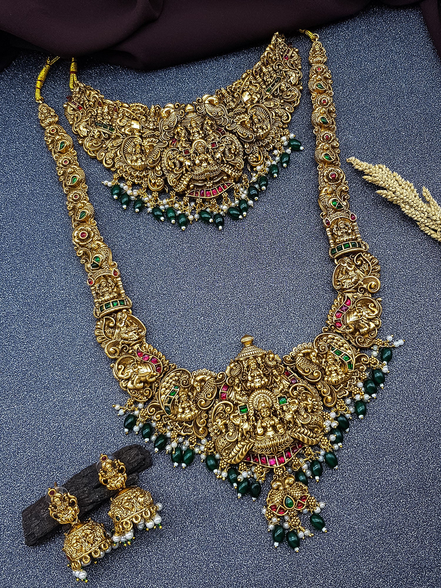 Premium Gold Finish Temple Lakshmi Combo Necklace Set