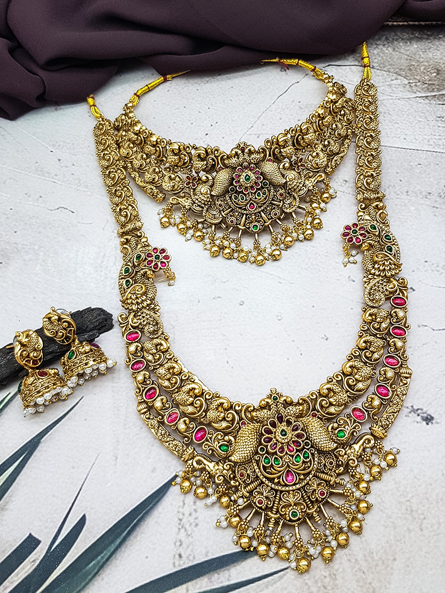 Premium Gold Finish Temple Delicate Lakshmi Combo Necklace Set
