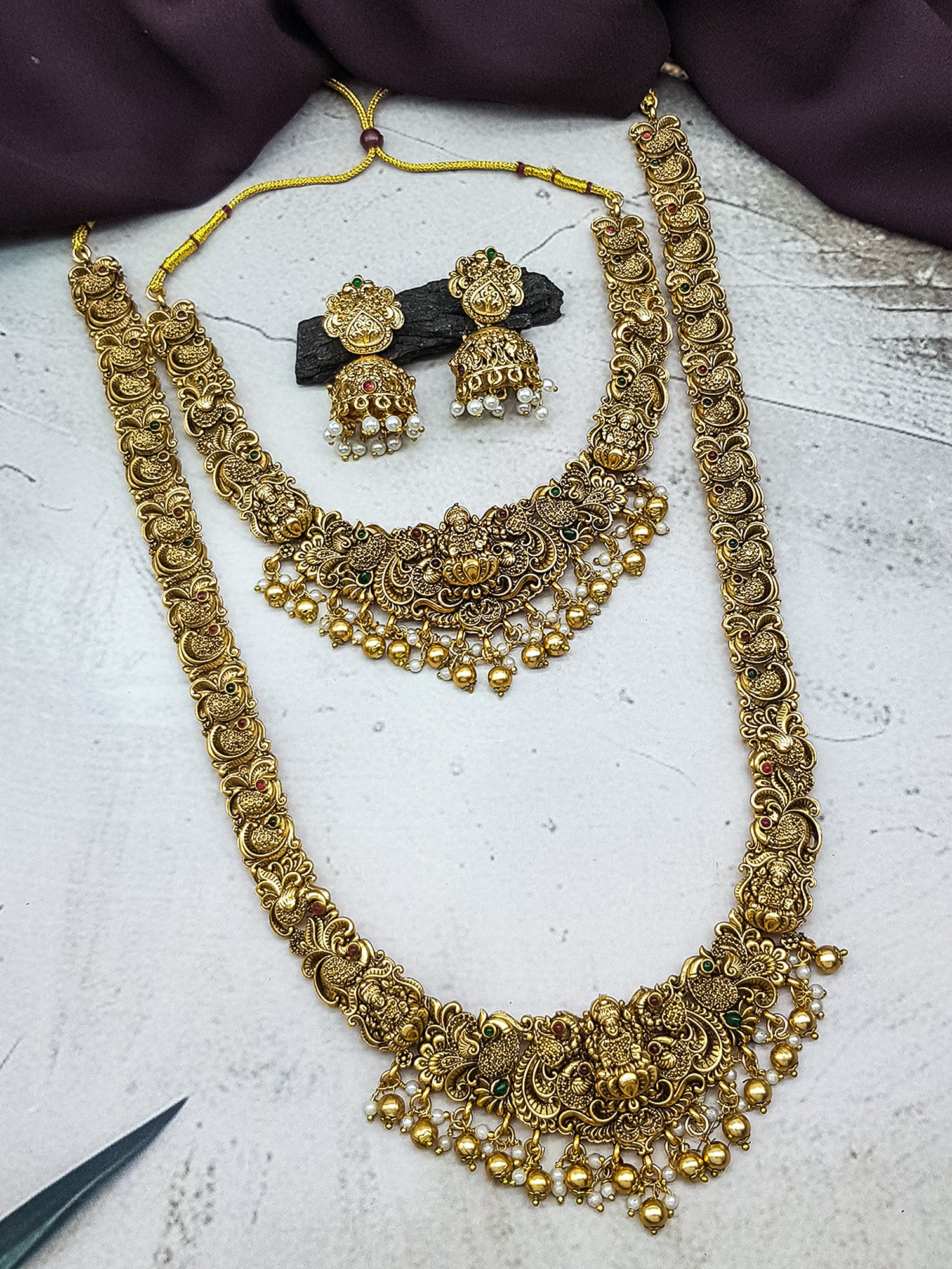 Premium Gold Finish Temple Delicate Lakshmi Combo Necklace Set