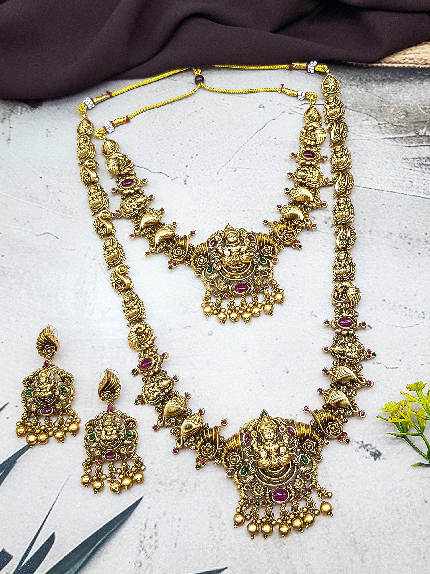 Premium Gold Finish Temple Delicate Lakshmi Combo Necklace Set