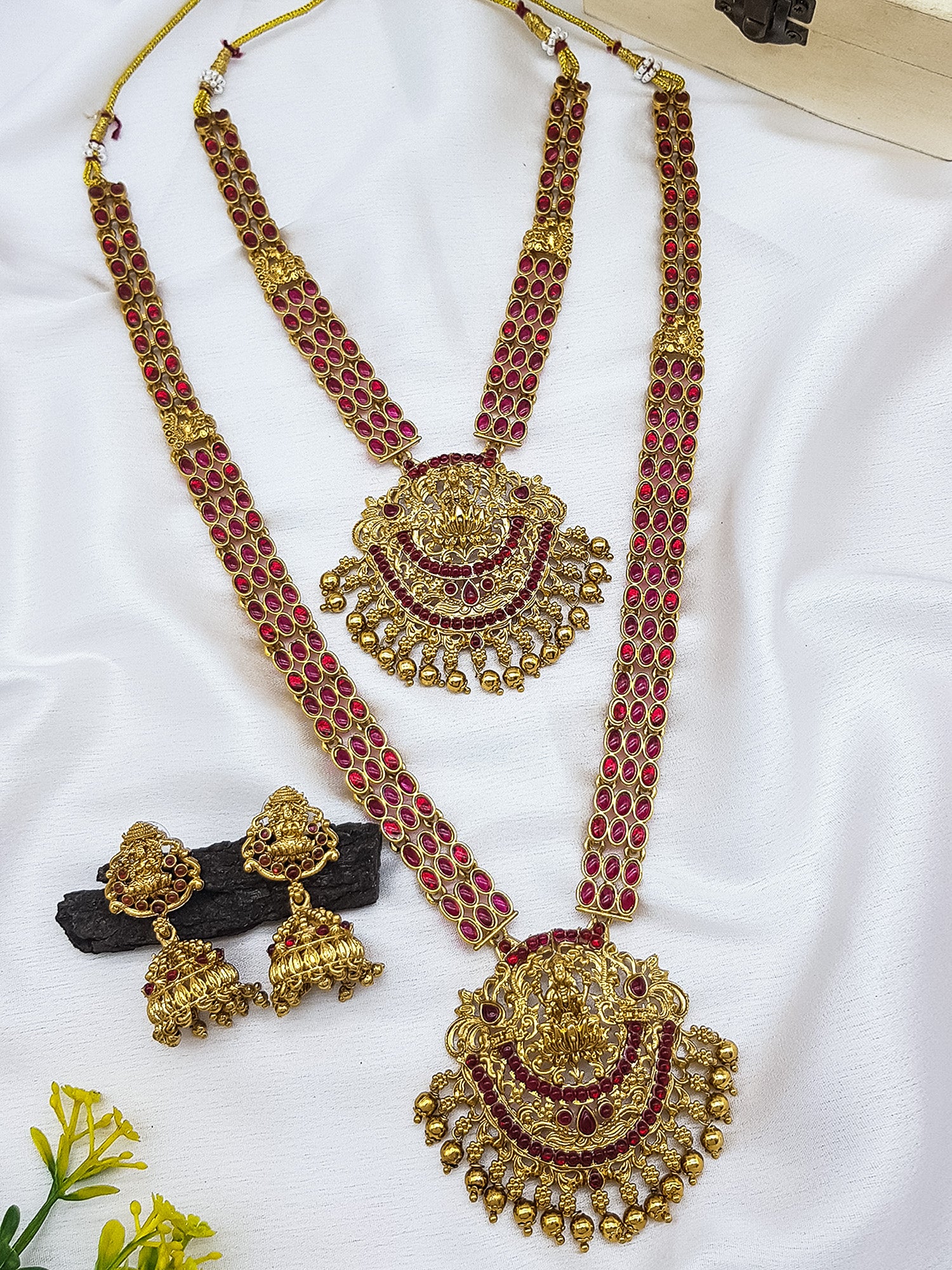 Premium Gold Finish Temple Delicate Lakshmi Combo Necklace Set