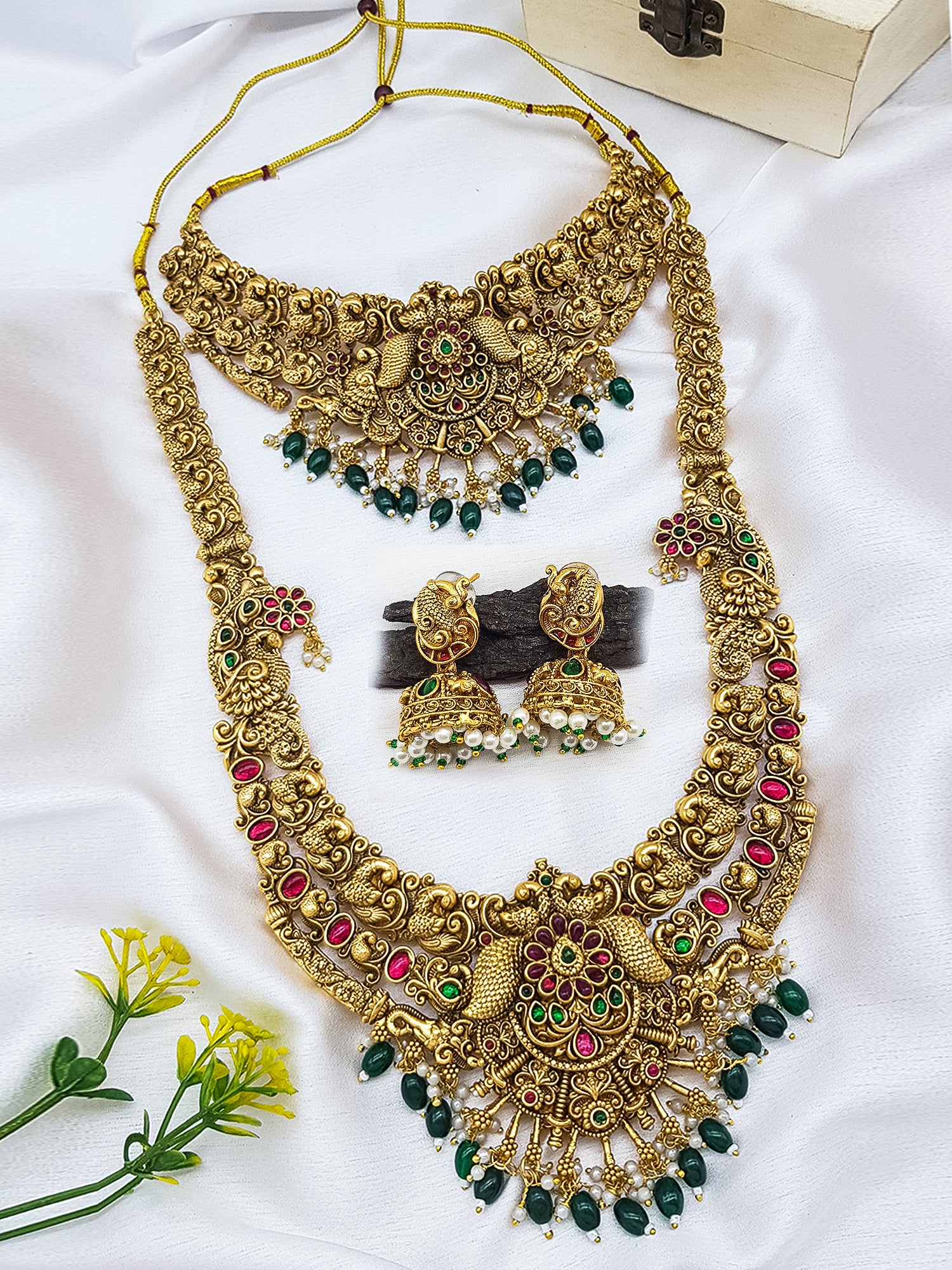 Premium Gold Finish Temple Delicate designer Lakshmi Combo Necklace Set