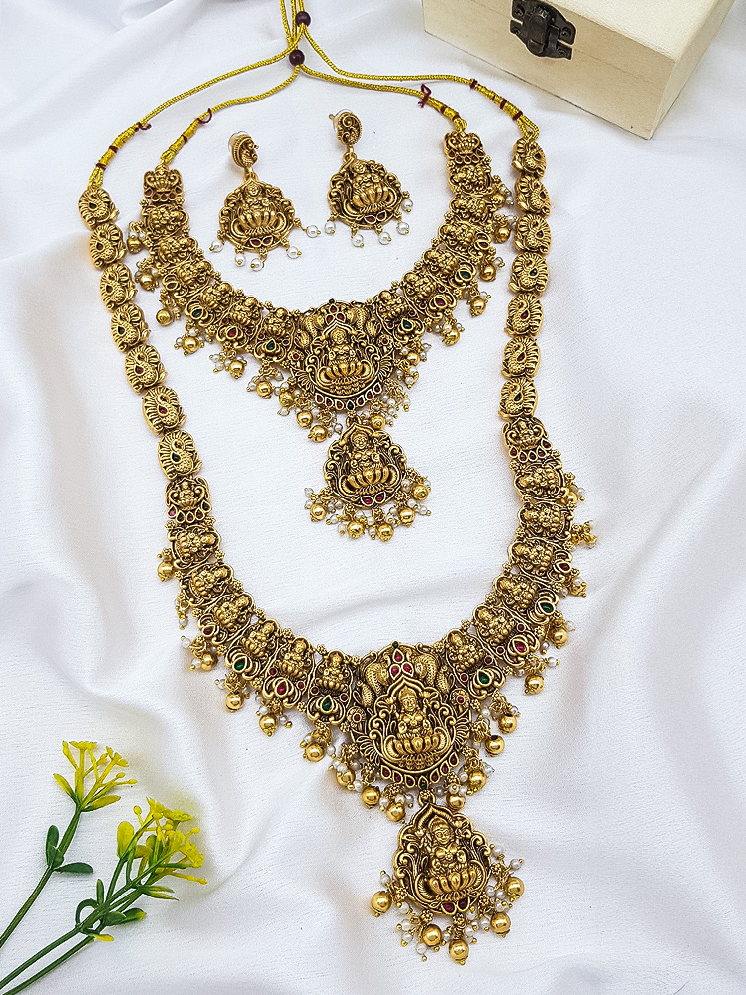 Premium Gold Finish Temple Delicate designer Lakshmi Combo Necklace Set