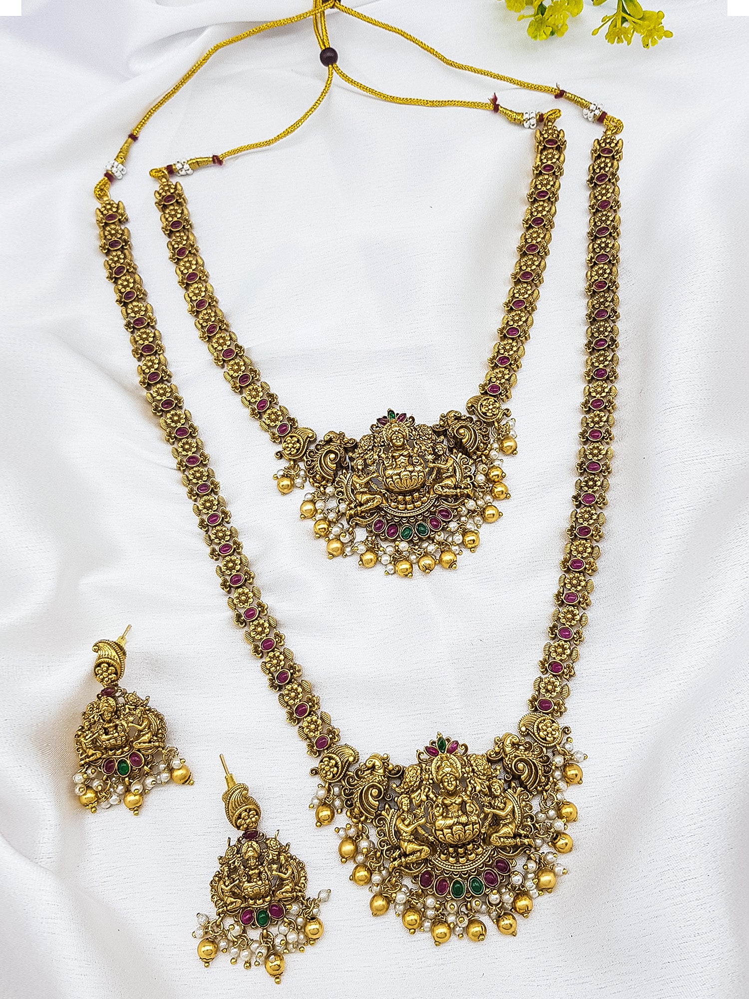 Premium Gold Finish Temple Delicate Lakshmi Combo Necklace Set
