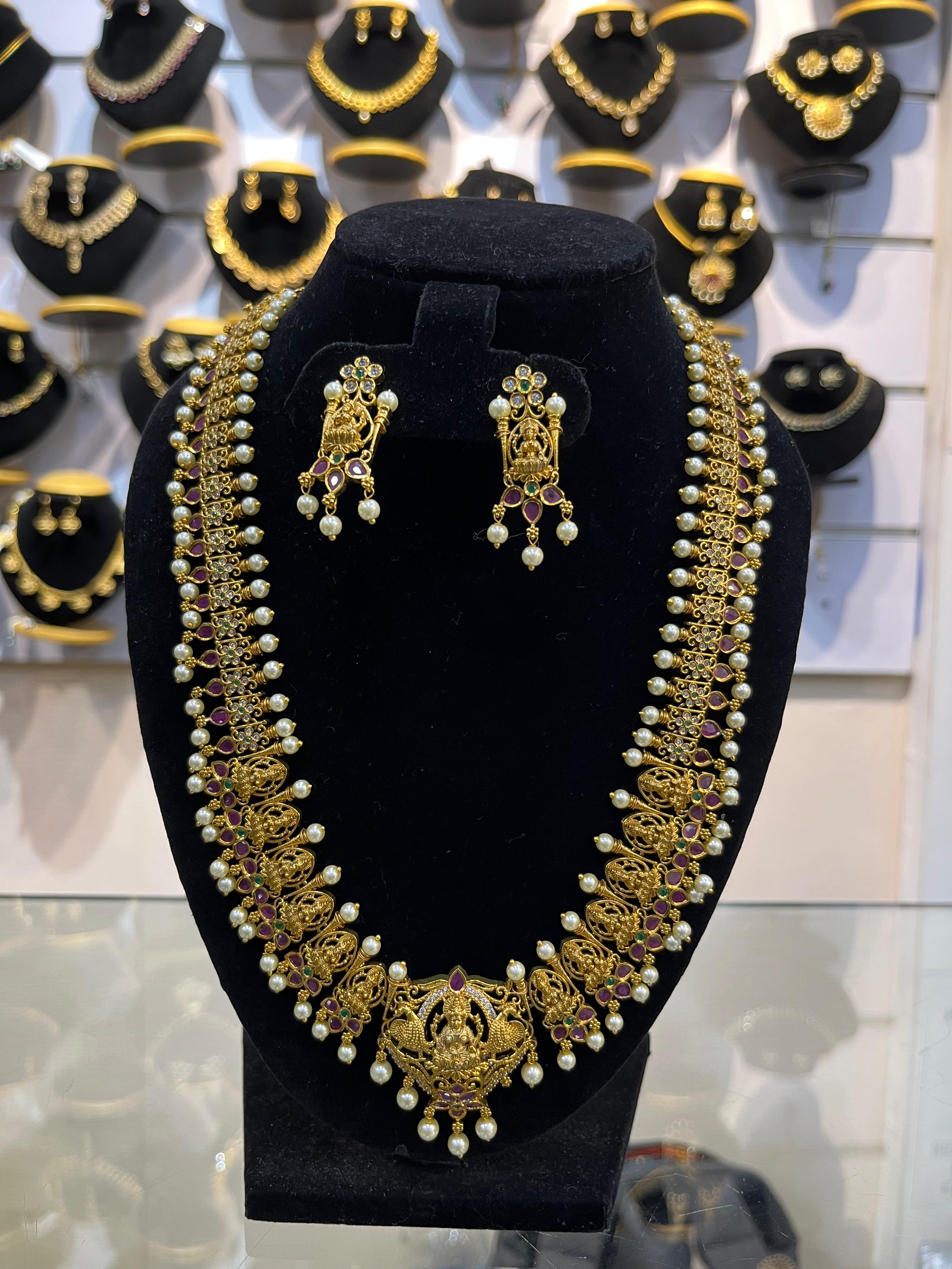 Premium Gold Plated Long Laxmi Necklace Set with CZ Stones