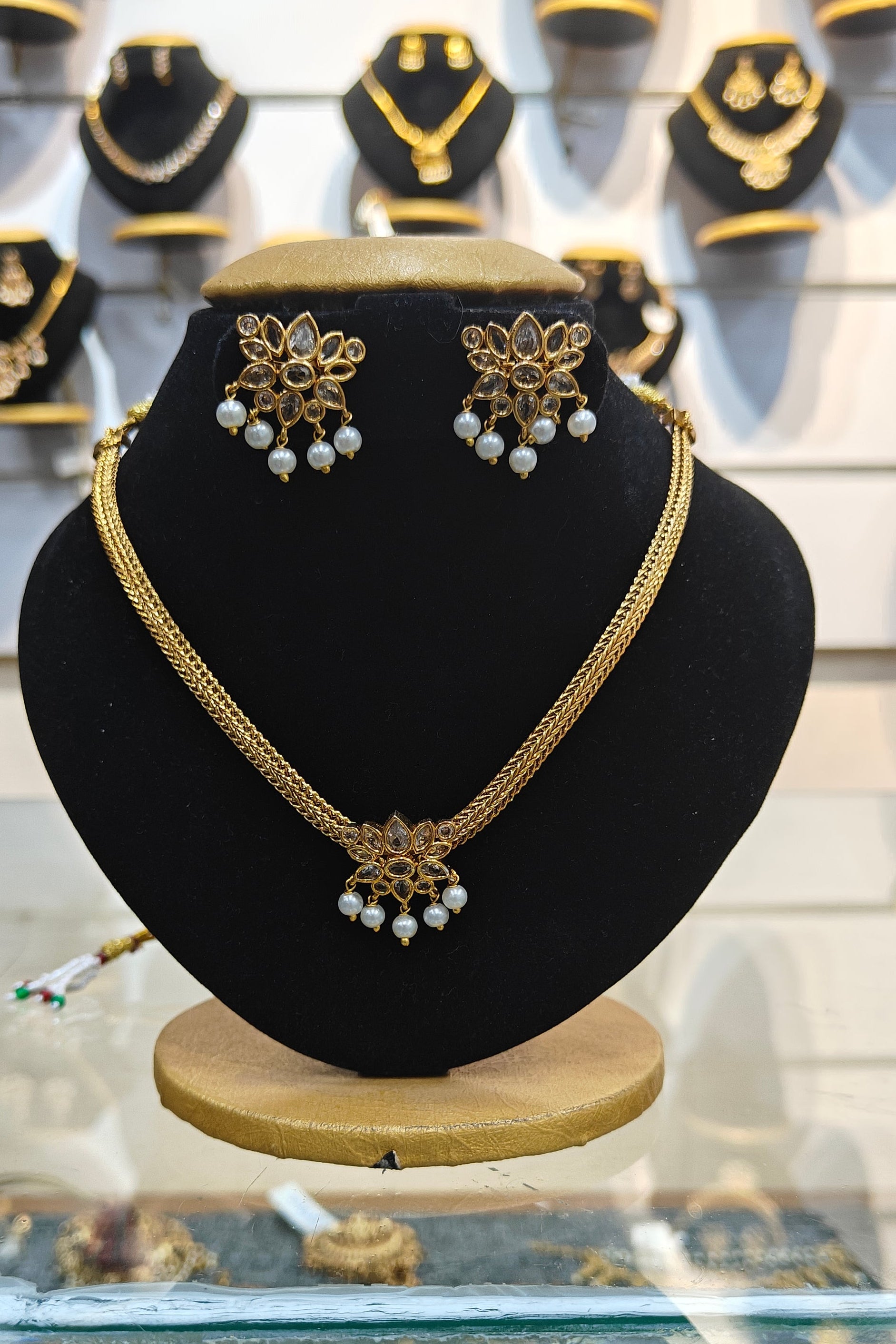 Gold Plated Multicolor CZ Necklace Set lotus design