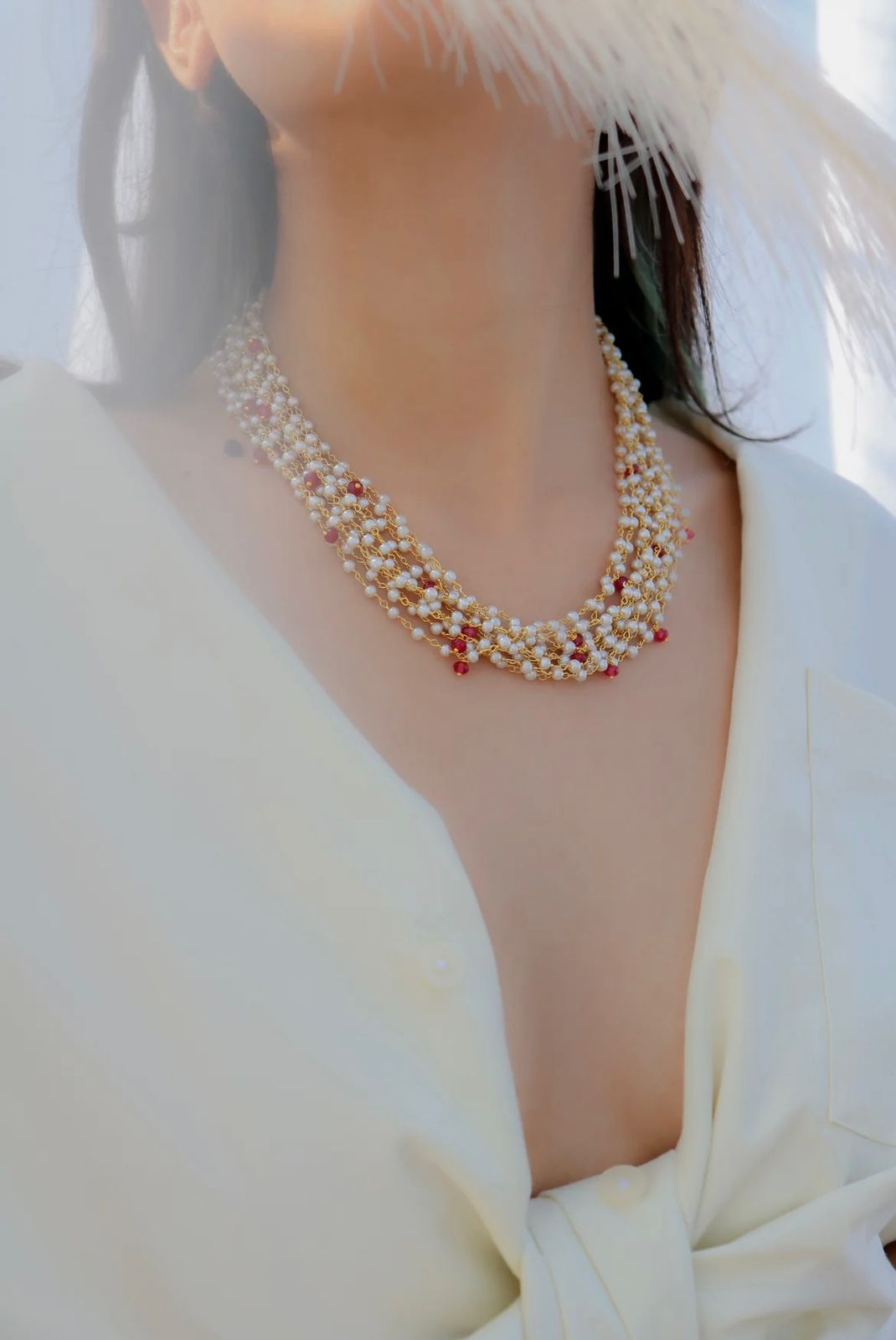 Ruby Shade Jade 4mm with small pearls Necklace set