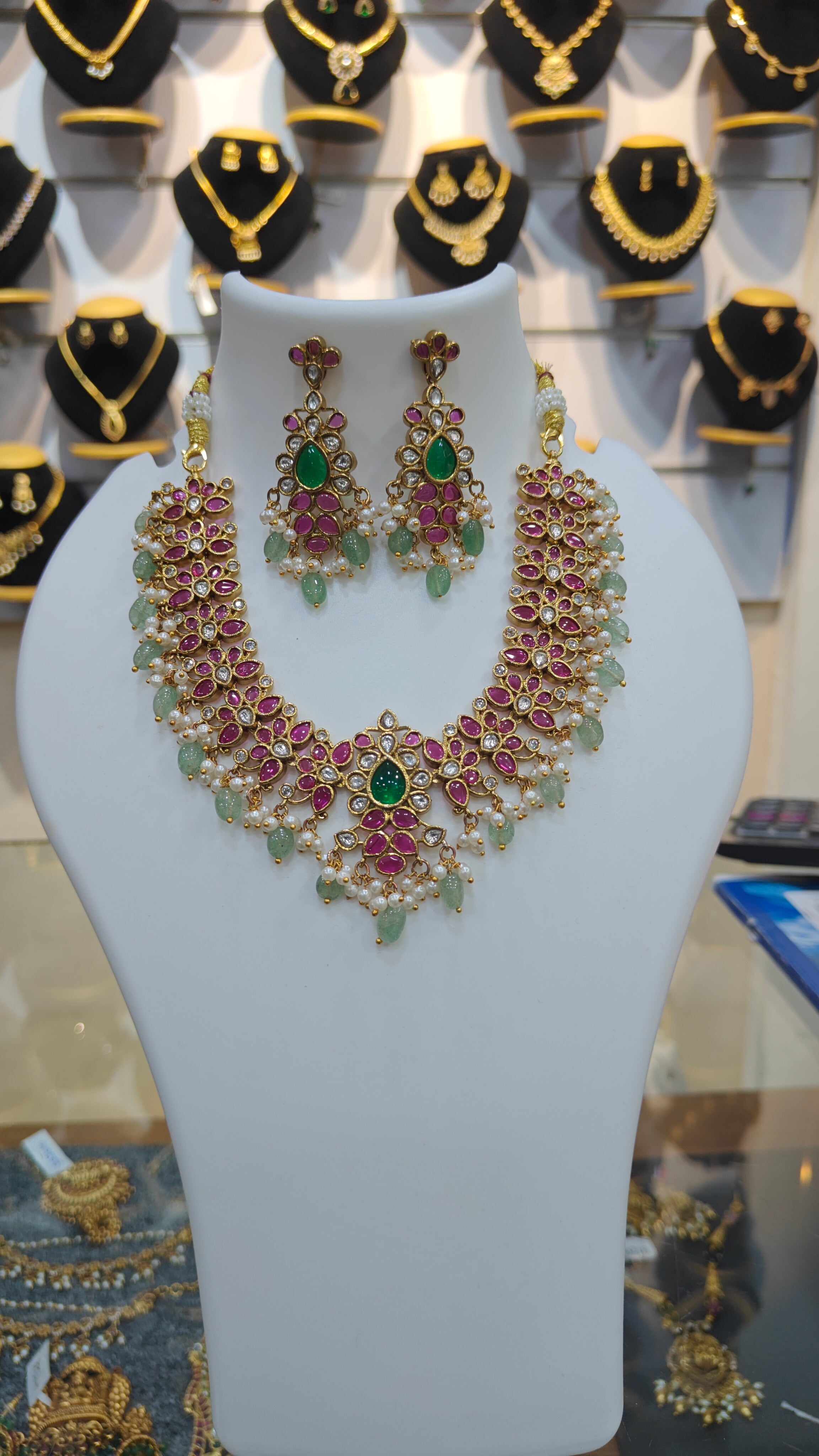 Premium Gold Plated Real Kemp Studded Necklace Set