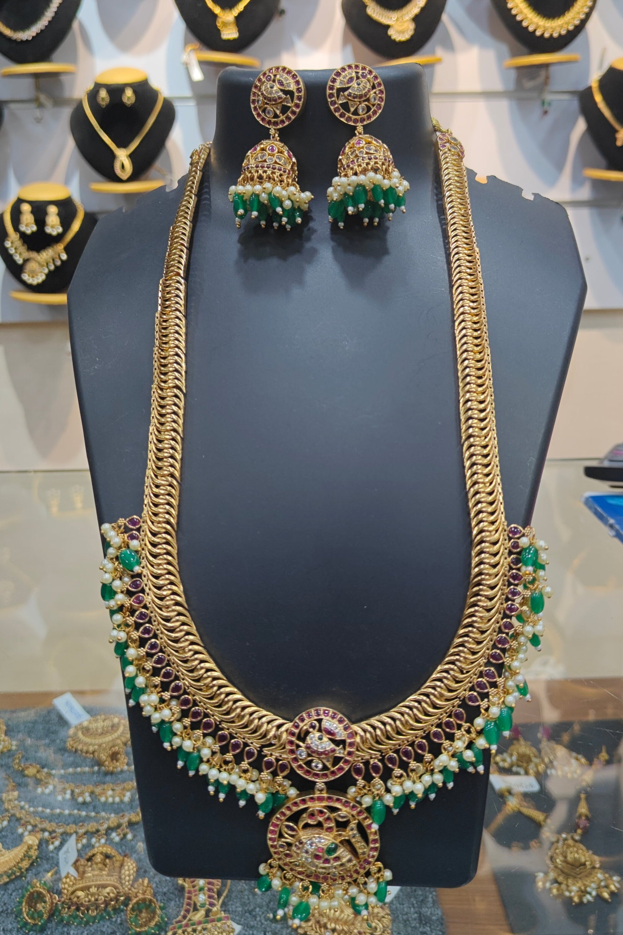 Jadau Peacock Motif Long necklace set