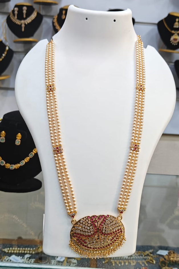 3 Line Hyderabdi pearl with panchaloha Pendant Necklace Set