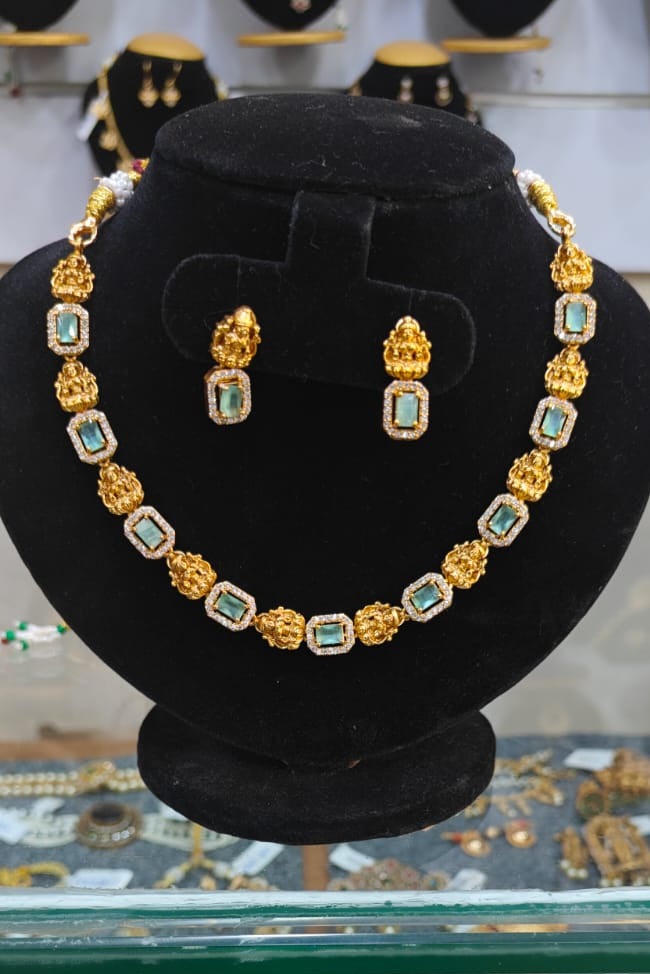 Gold Plated mint green with laxmi short nceklace set