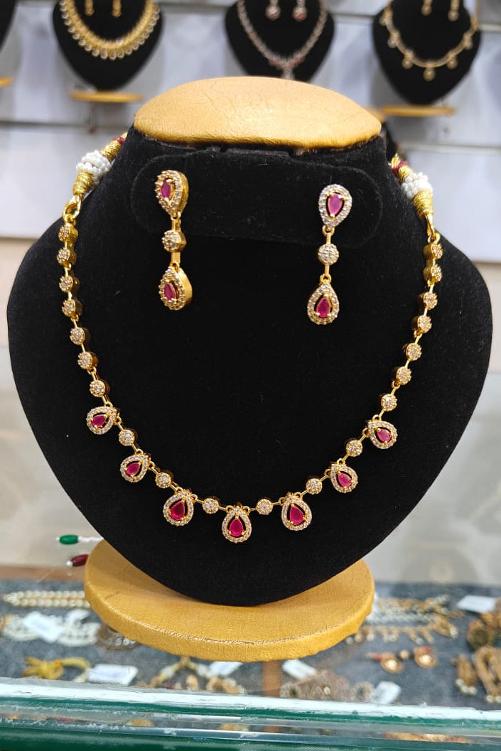 Gold Plated CZ Red white short necklace set
