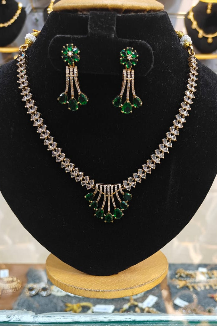 Gold Plated Green white cz necklace set
