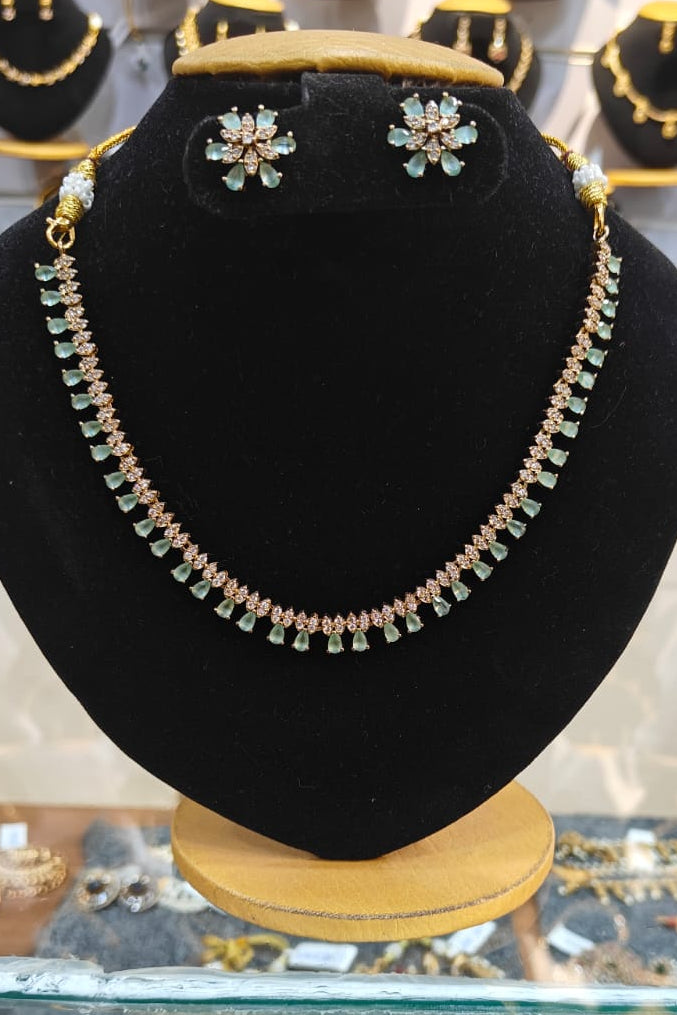 Gold Plated Mint green white cz necklace set