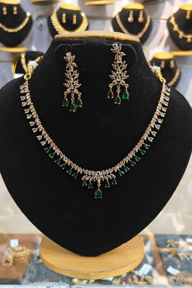 Gold Plated Green white cz necklace set