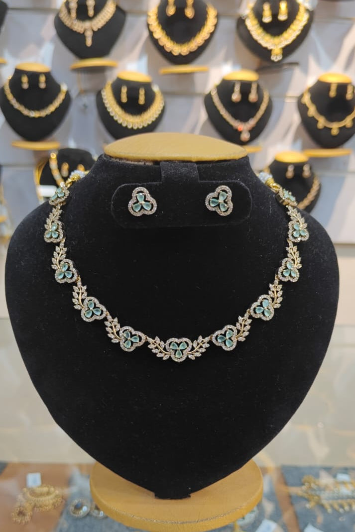Gold Plated CZ Necklace Set mint green white
