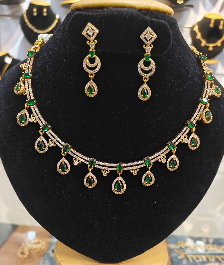 Gold Plated Green white cz necklace set