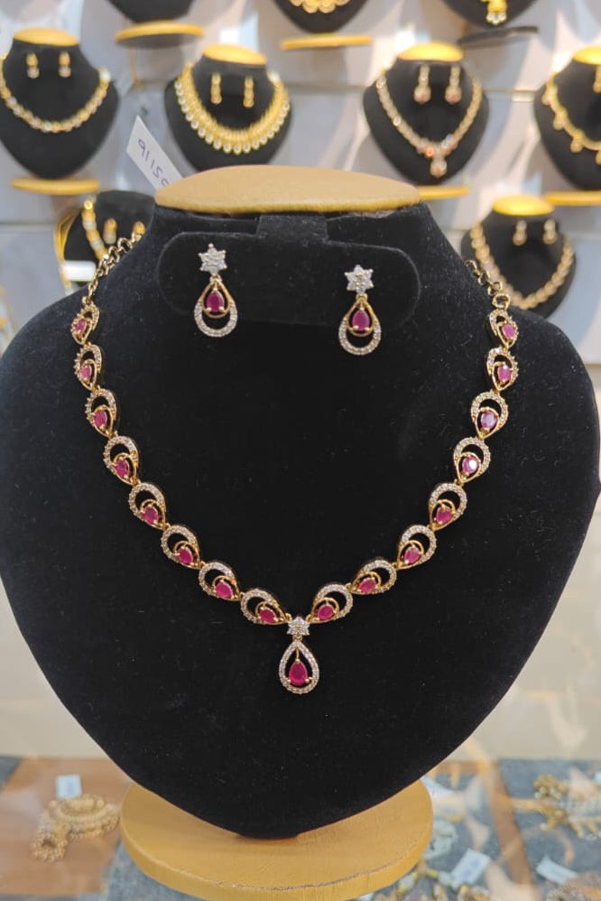 Gold Plated CZ Red white short necklace set