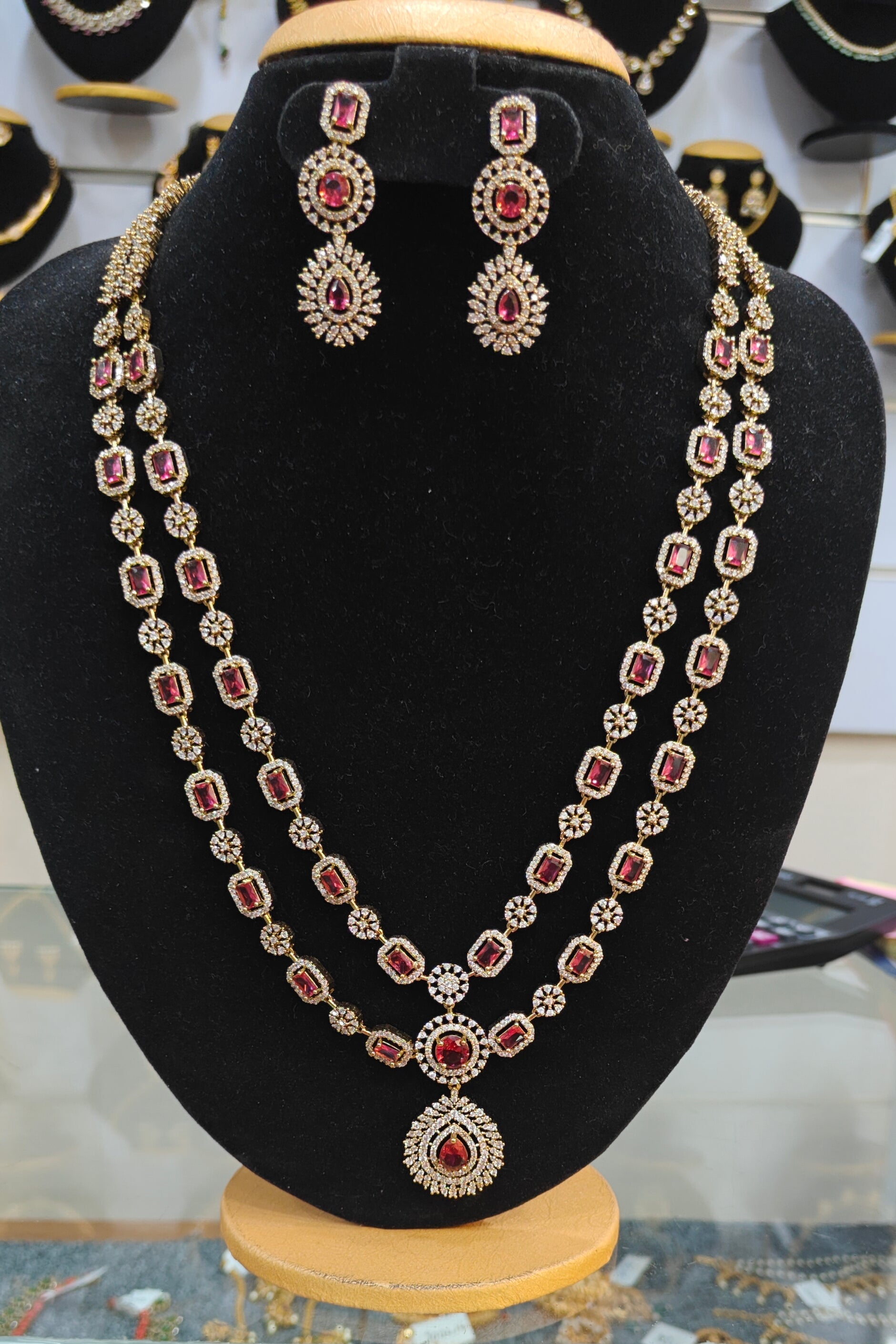 Gold Plated Layered Long CZ Necklace Set
