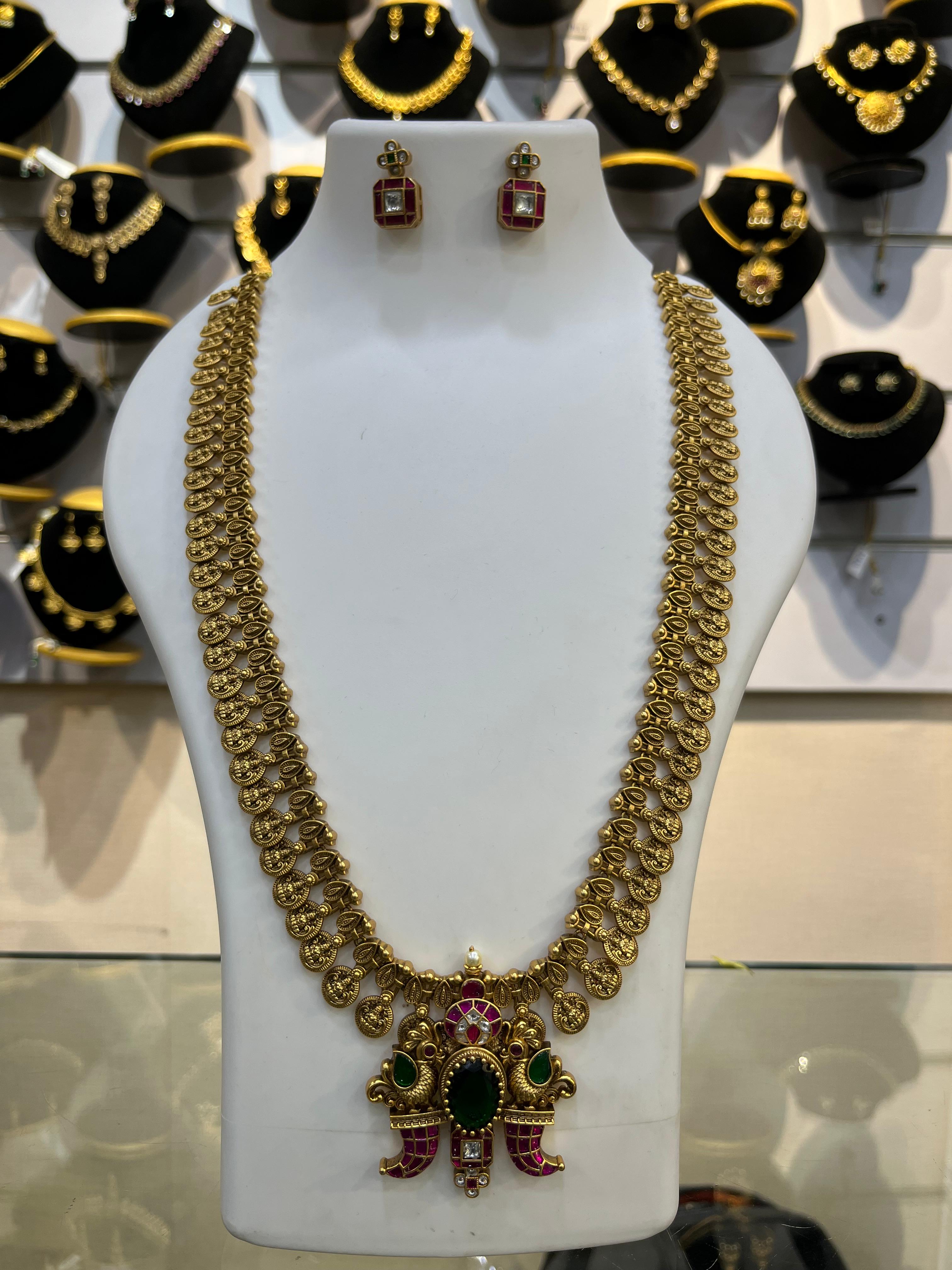 Premium Long Jadau Necklace Set with Real Kemp Stones