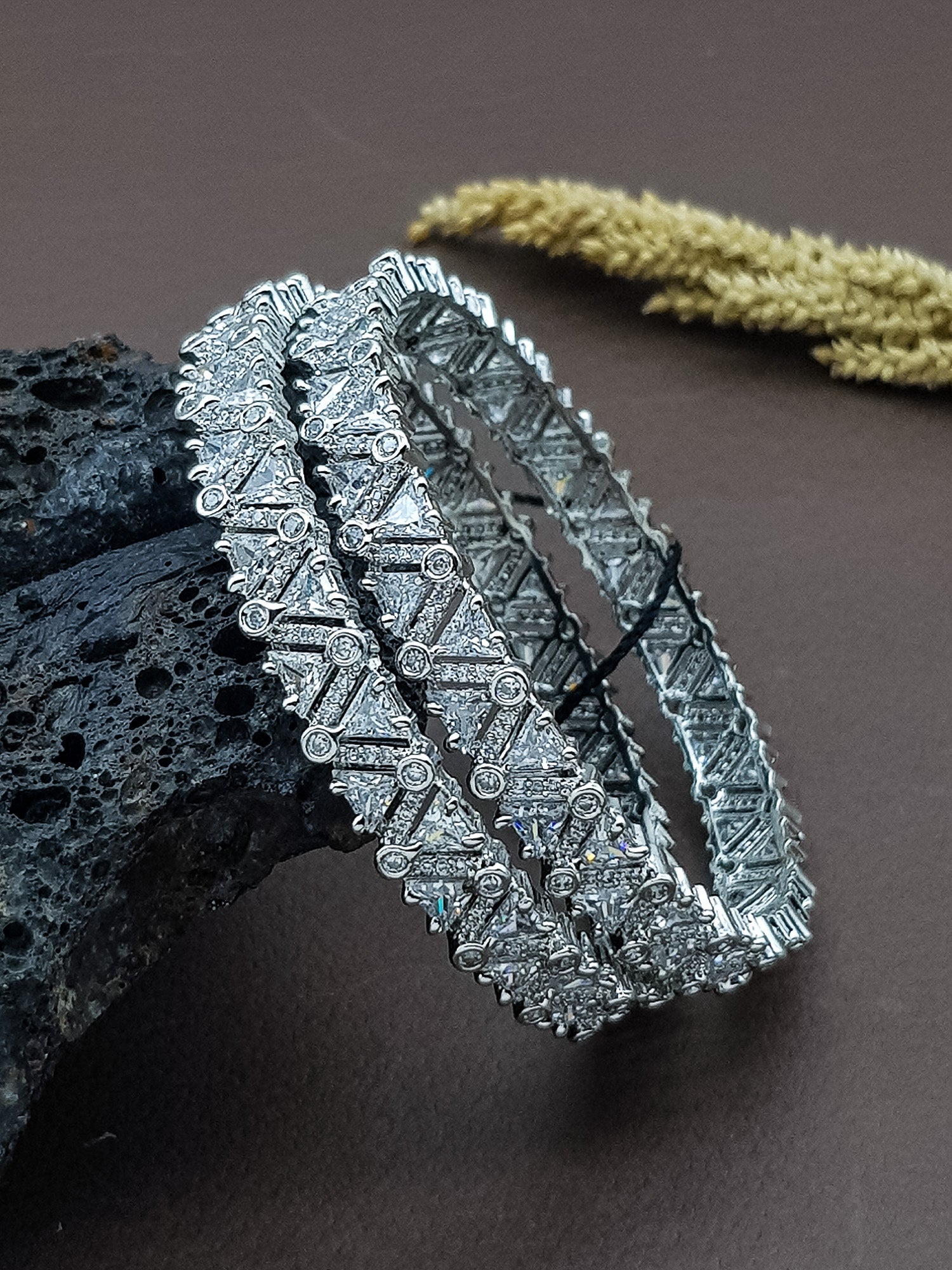 White gold plated premium CZ bangles set of 2