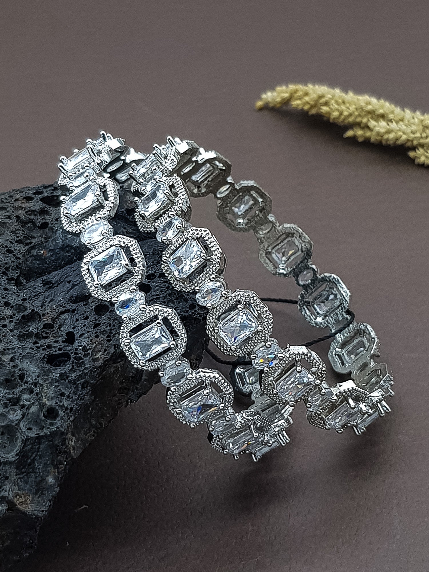 White gold plated premium CZ bangles set of 2