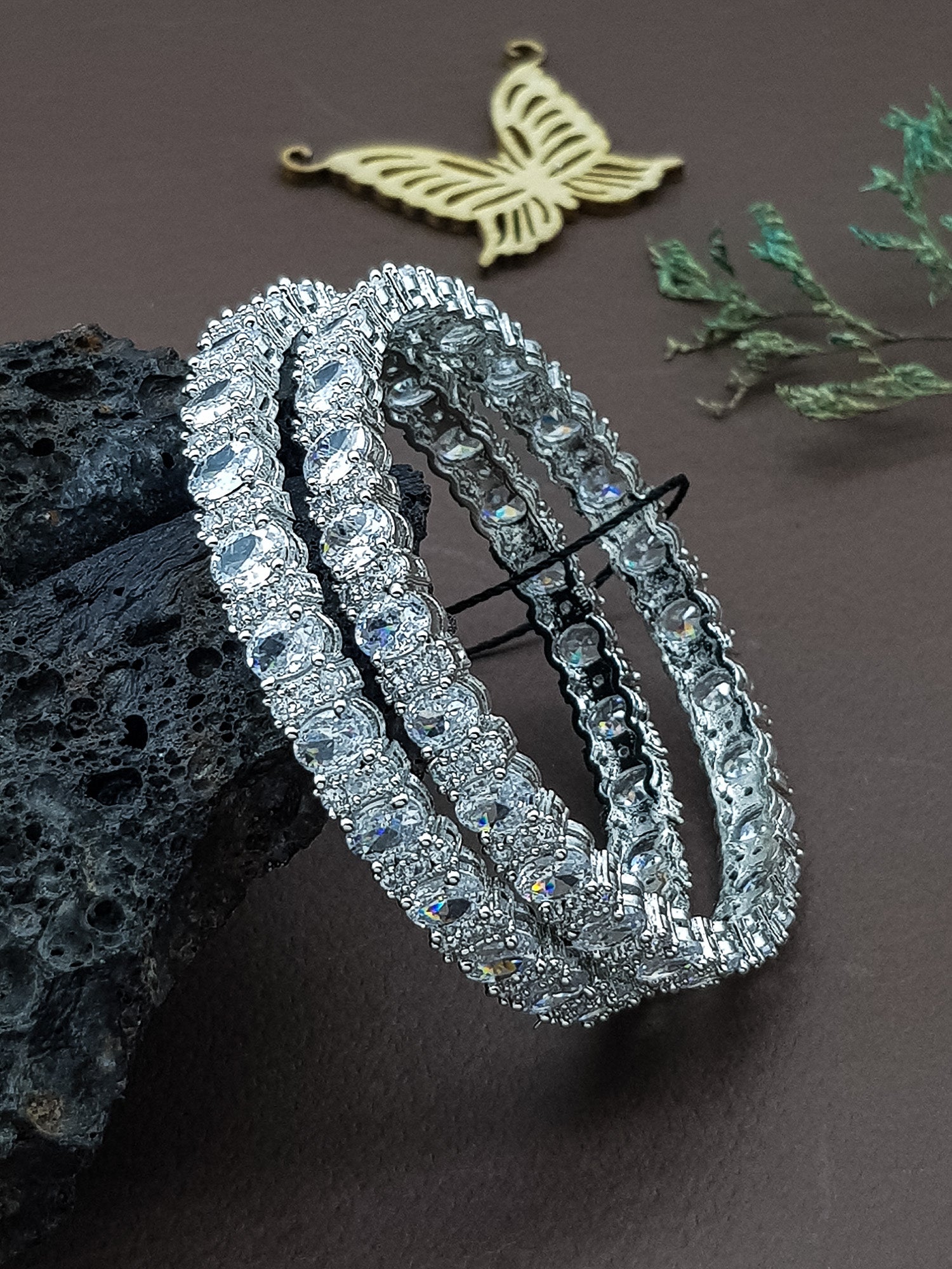 White gold plated premium CZ bangles set of 2
