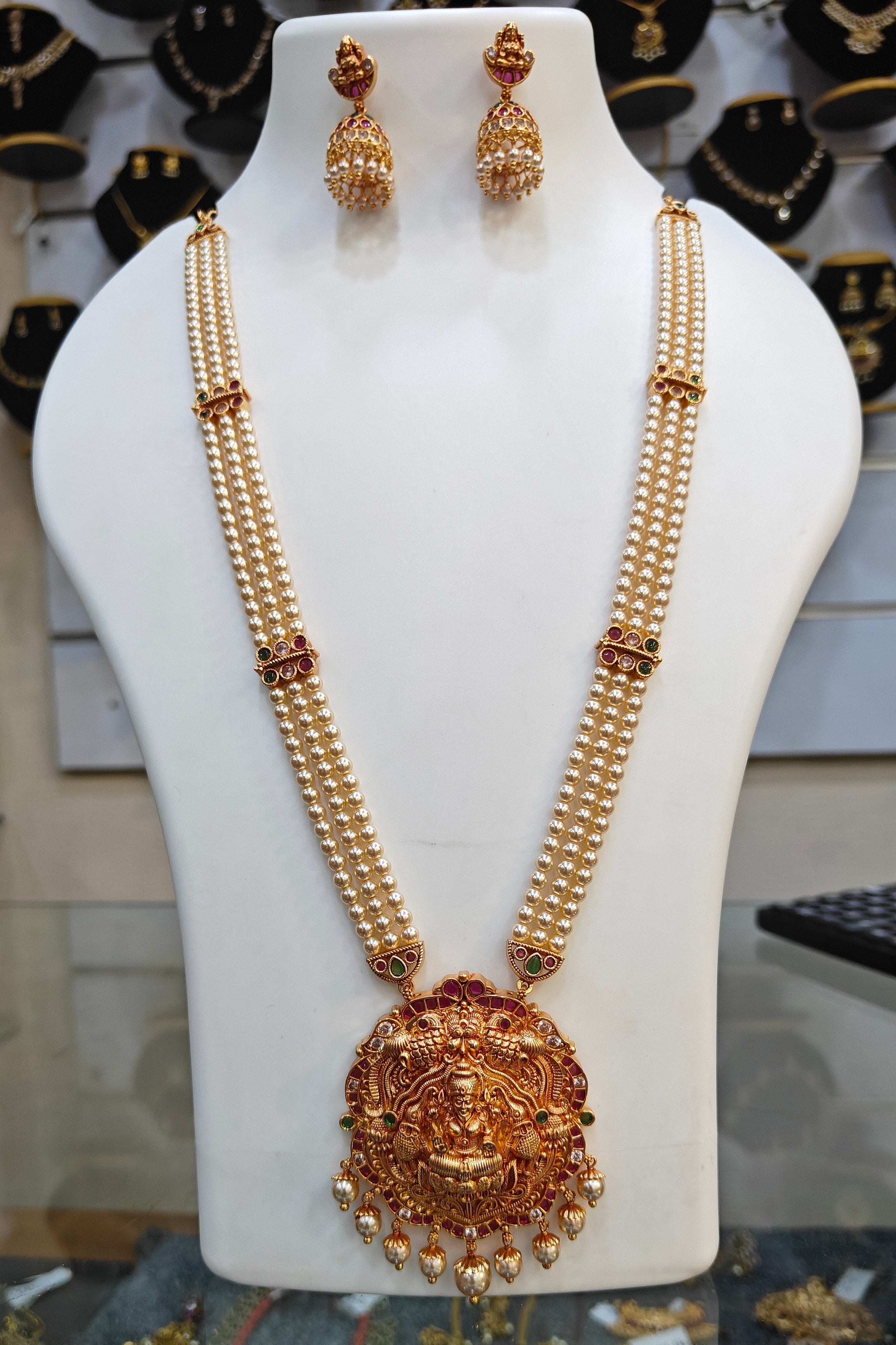 Gold Plated Premium Panchloha Necklace set with pearl maala Geru finish