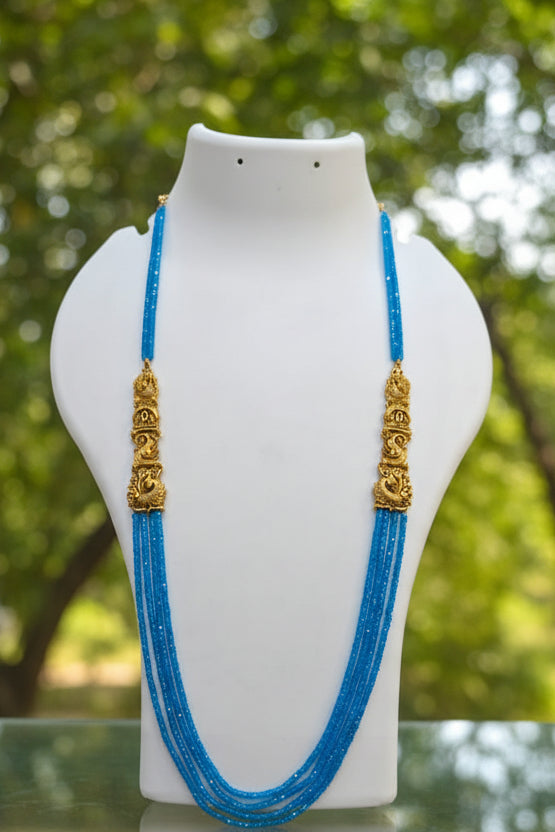 Light Blue Color Onyx 4 mm semi precious stones 26 inches necklace set with elephant brooch/mop