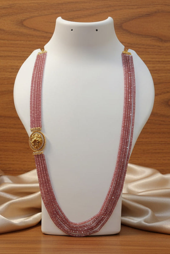 Onion Color Onyx 4 mm semi precious stones 26 inches necklace set with Krishna Mopu/brooch