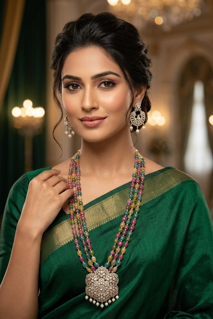 Premium 3 line Multicolour necklace with Pendant and earrings