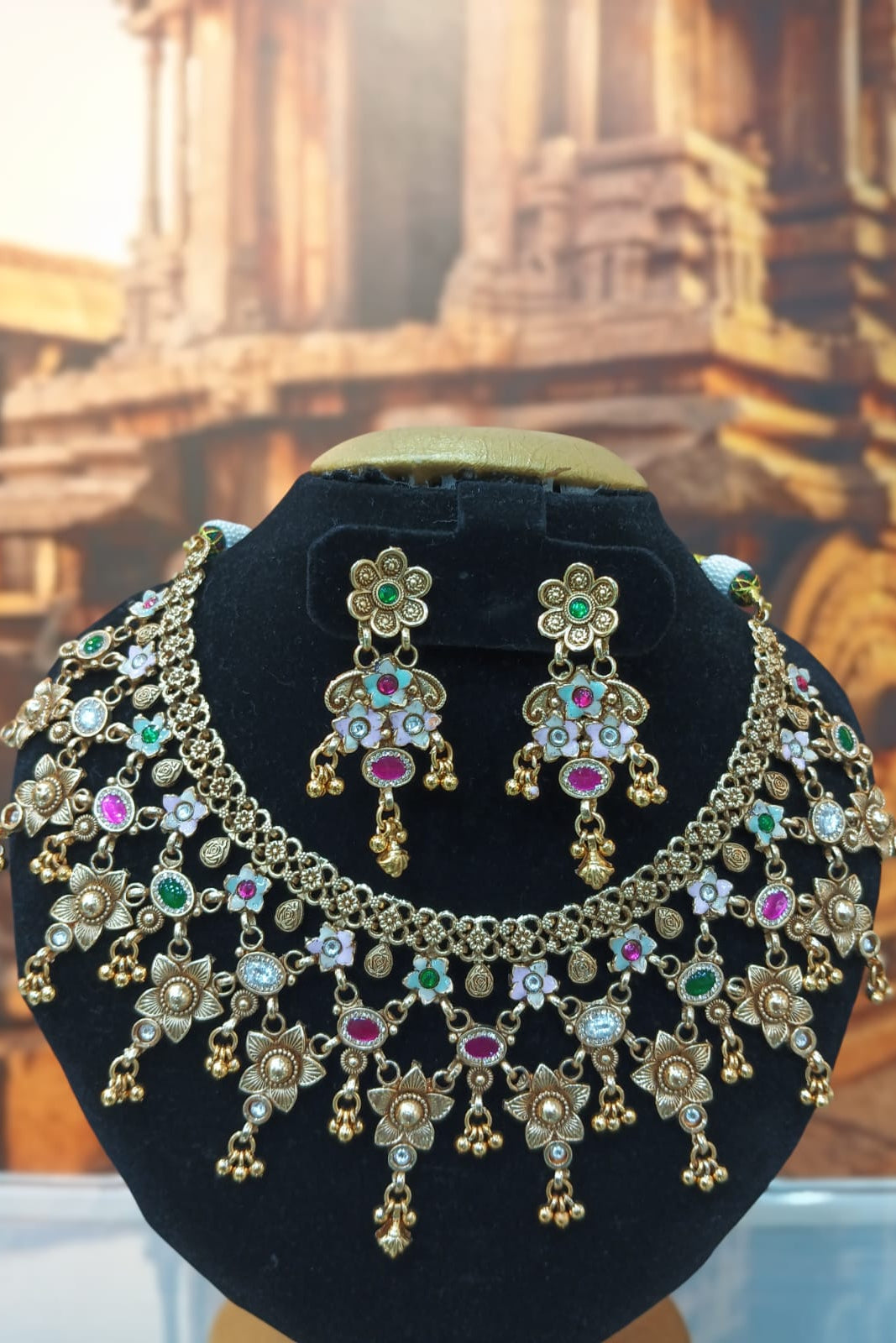 Gold Plated Heritage collection Necklace Set with real kundan and kempu stones