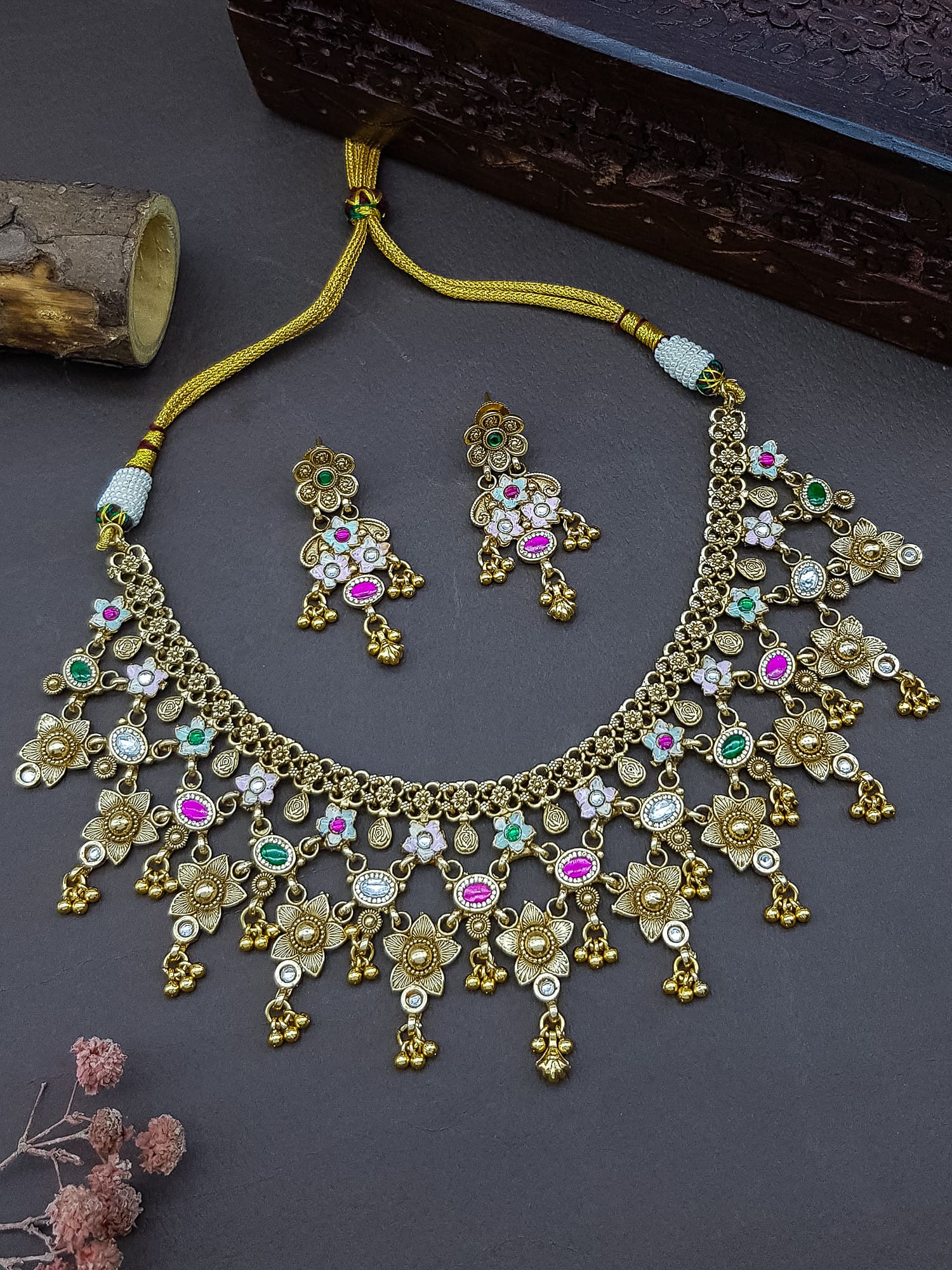 Gold Plated Heritage collection Necklace Set with real kundan and kempu stones
