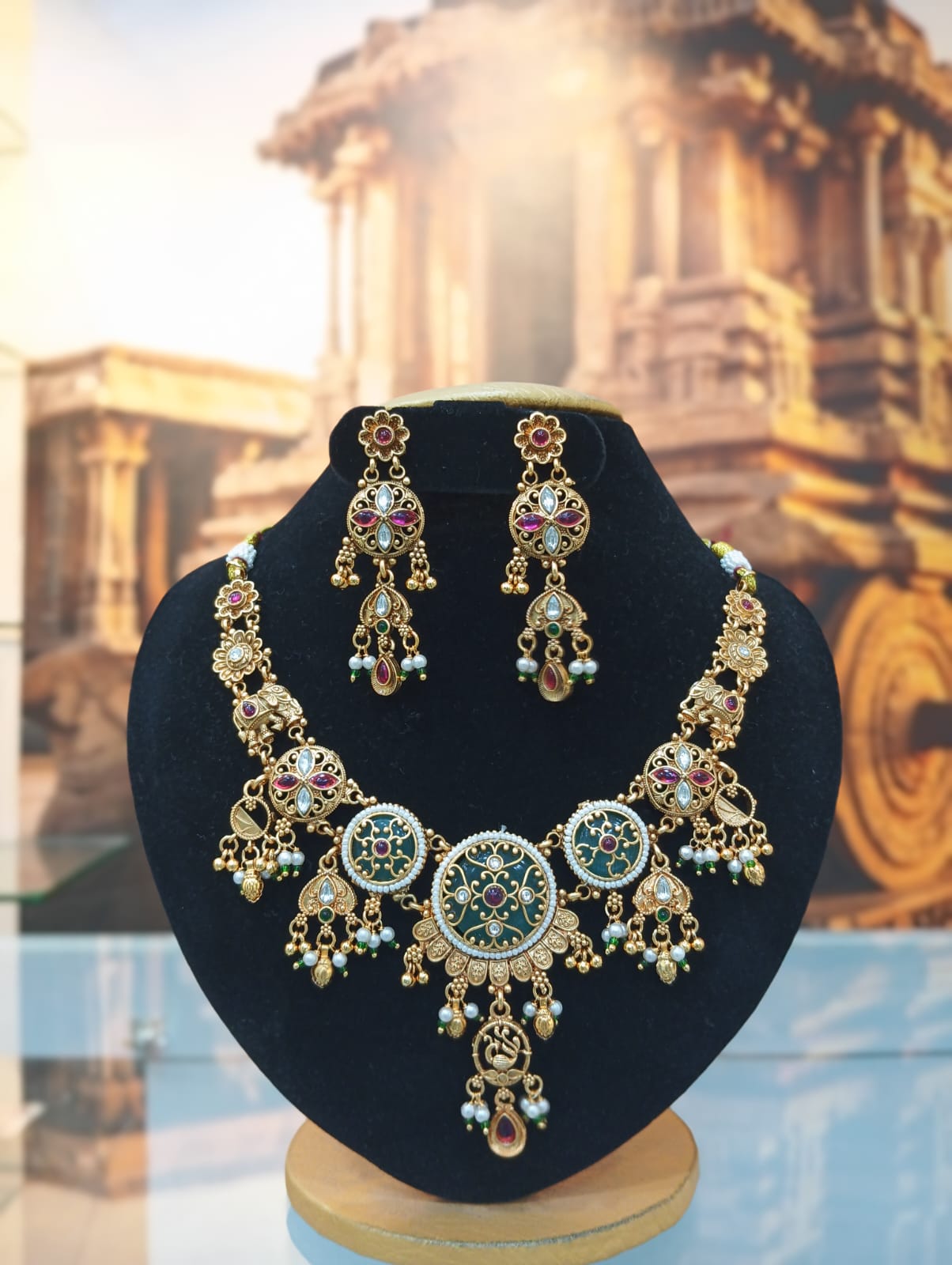 Gold Plated Heritage collection Necklace Set with real kundan and kempu stones