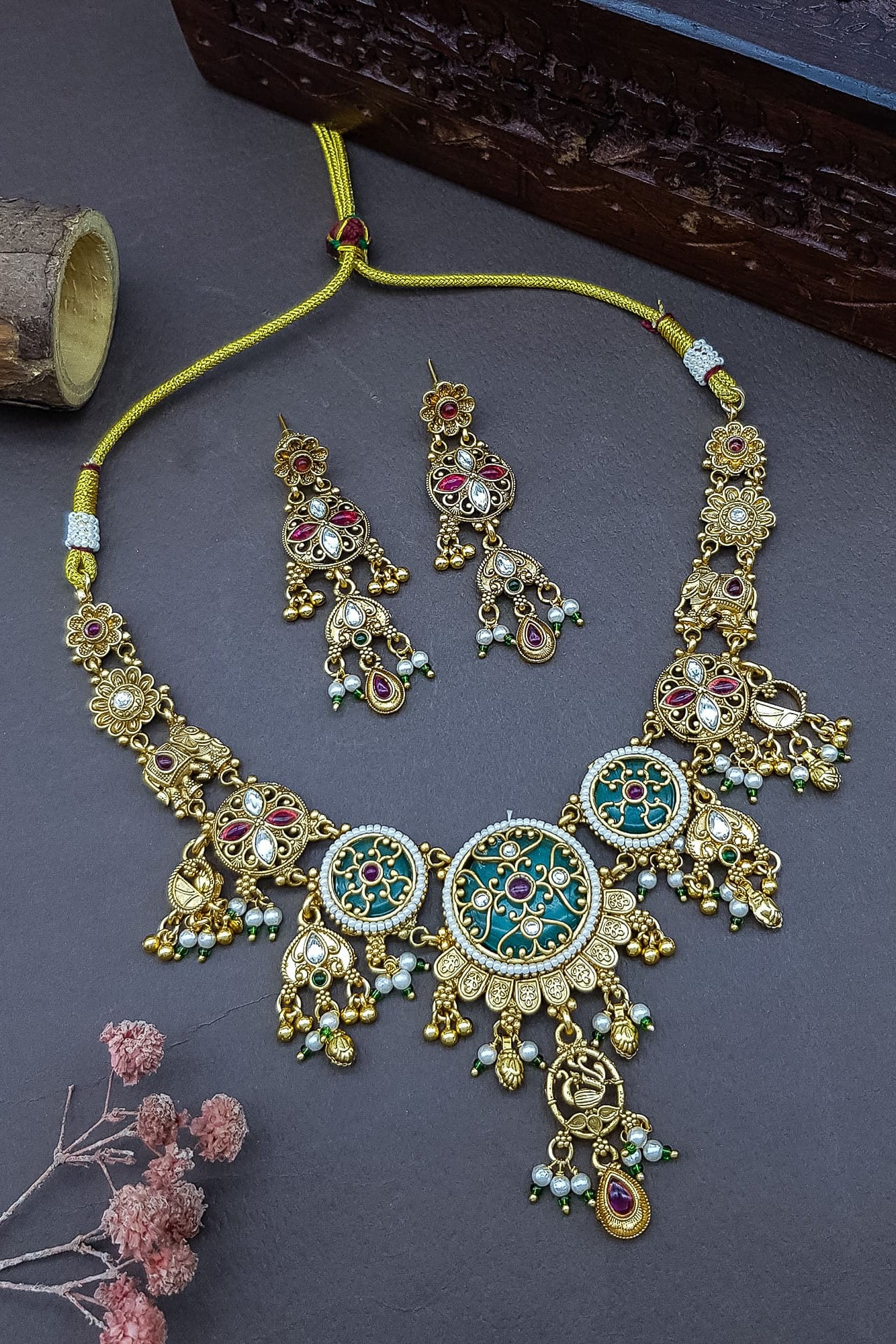 Gold Plated Heritage collection Necklace Set with real kundan and kempu stones