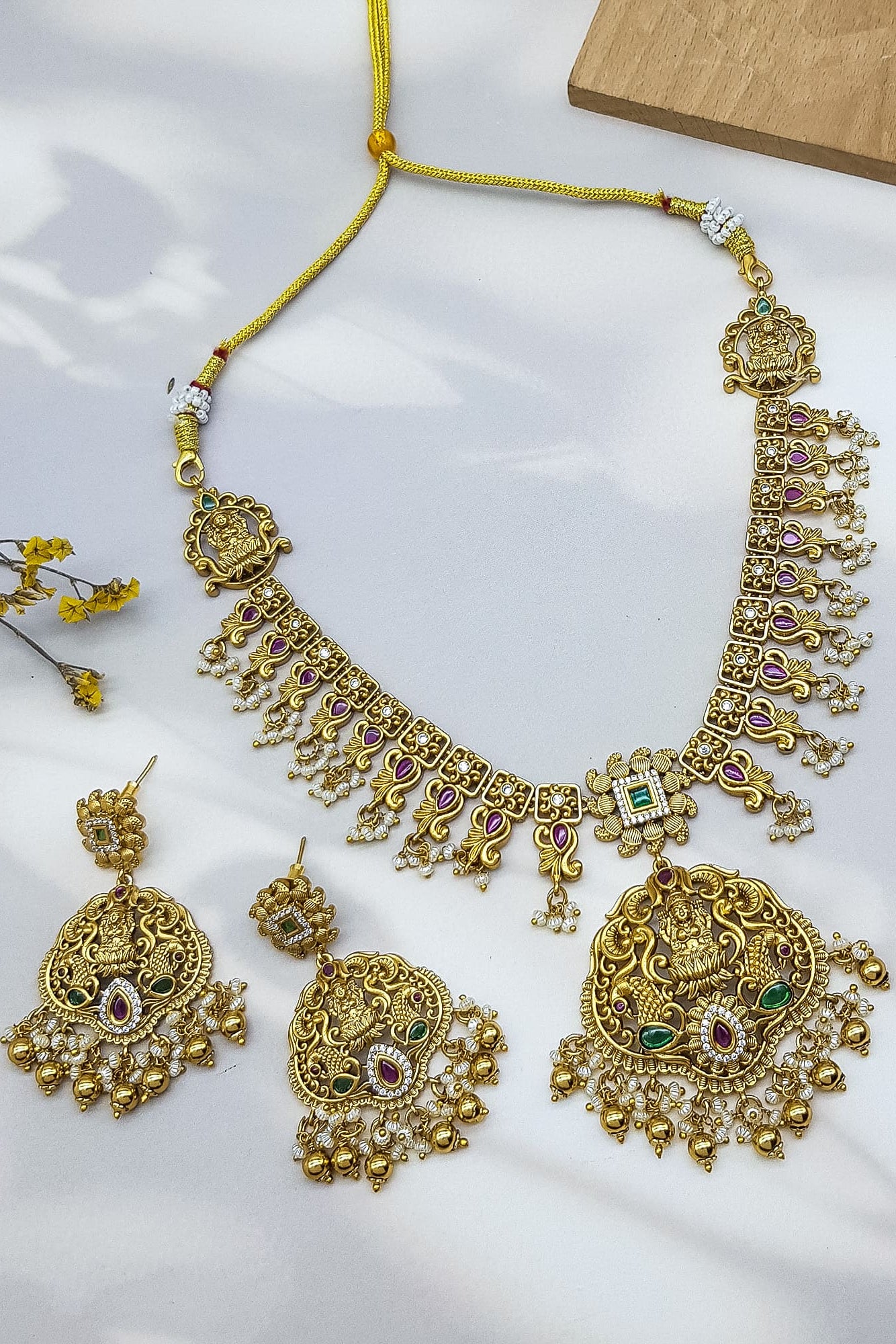 Premium Gold Plated Premium Antique Necklace Set with CZ Stones