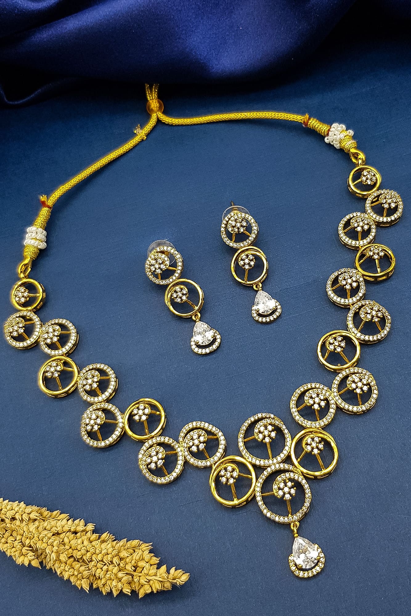 Gold Plated Premium Red Ruby Like AD Necklace Set Geometric pattern