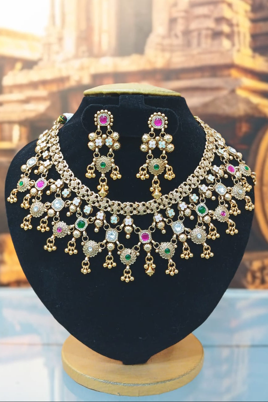 Gold Plated Heritage collection Necklace Set with real kundan and kempu stones