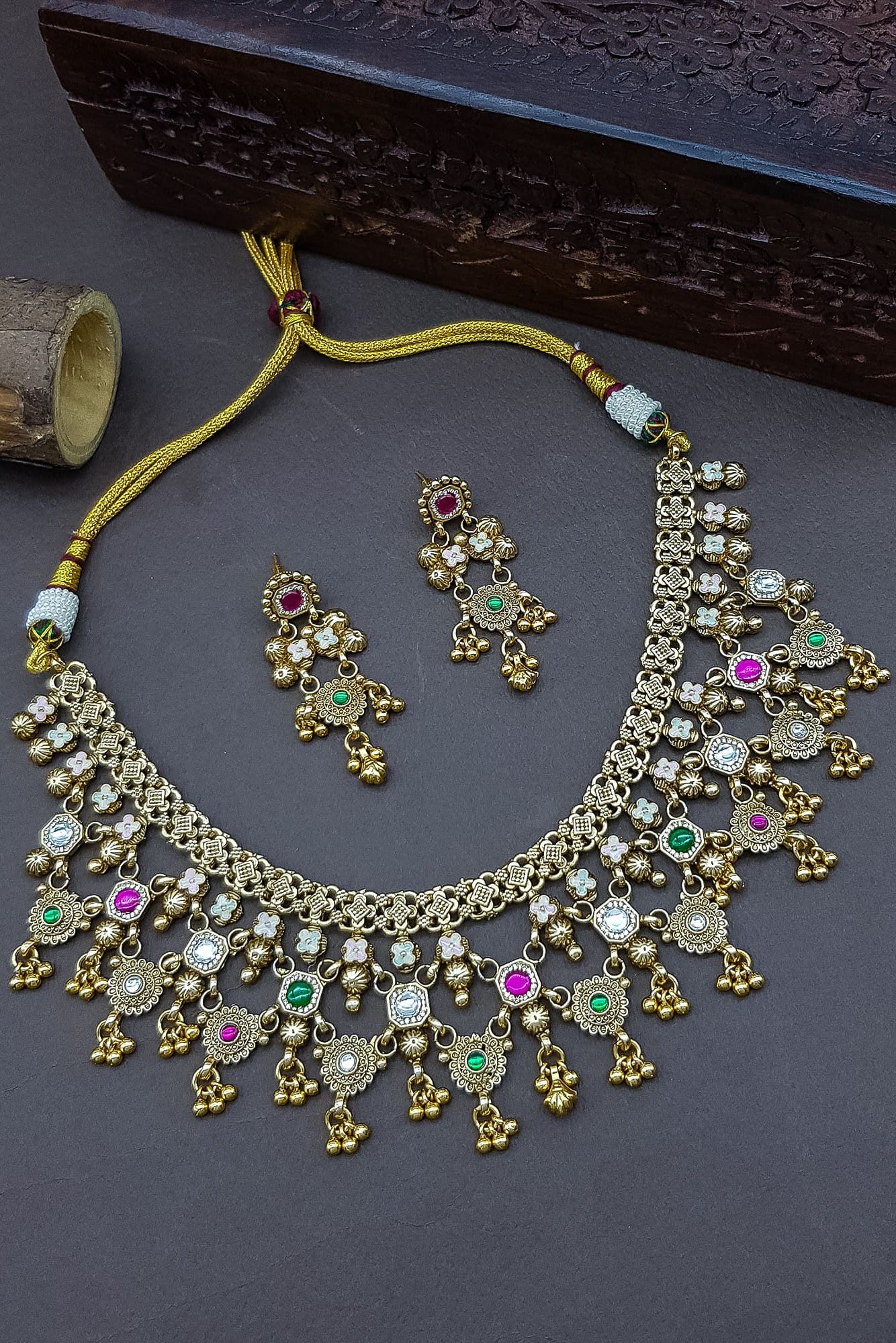 Gold Plated Heritage collection Necklace Set with real kundan and kempu stones