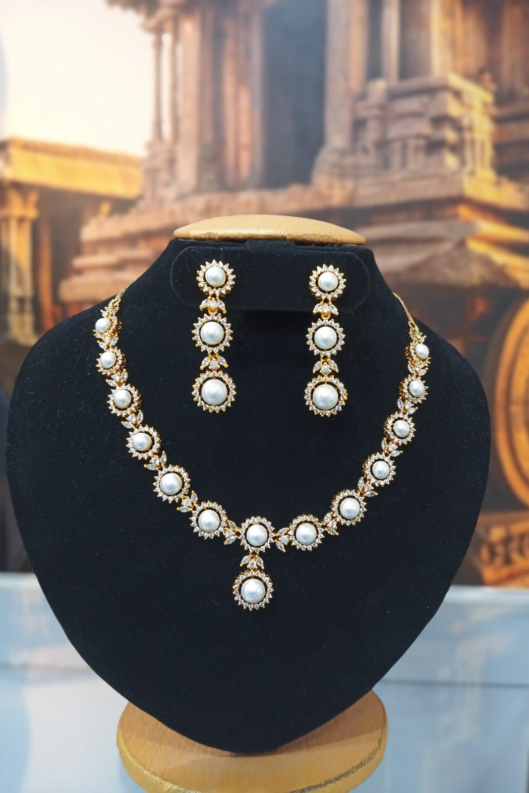 Gold Plated Premium Red Ruby Like AD Necklace Set with pearl