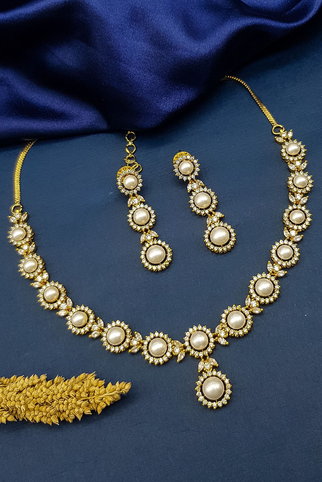 Gold Plated Premium Red Ruby Like AD Necklace Set with pearl