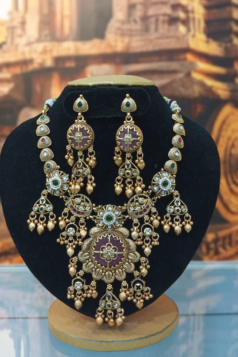 Gold Plated Heritage collection Necklace Set with pachi kundan and kempu stones