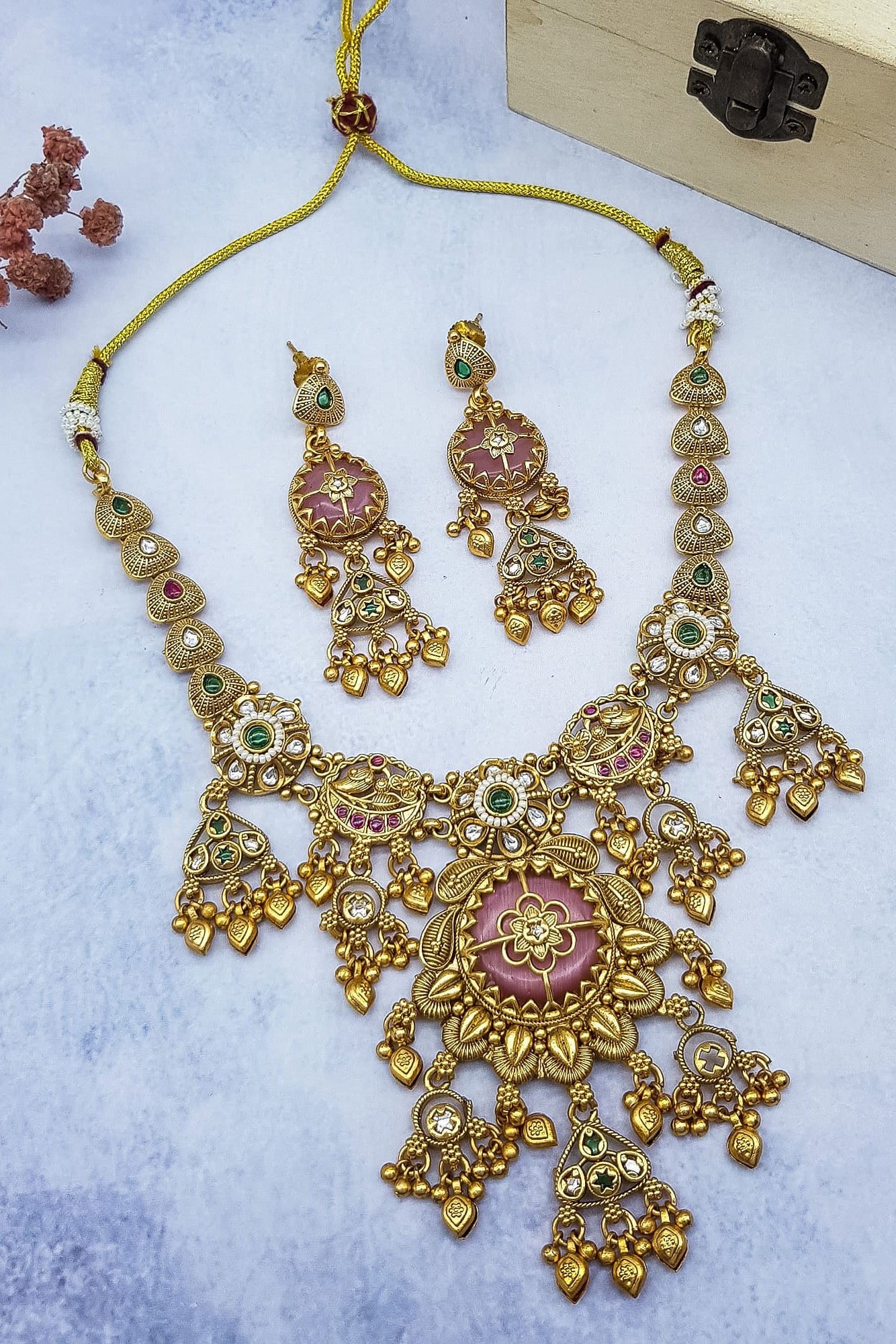 Gold Plated Heritage collection Necklace Set with pachi kundan and kempu stones